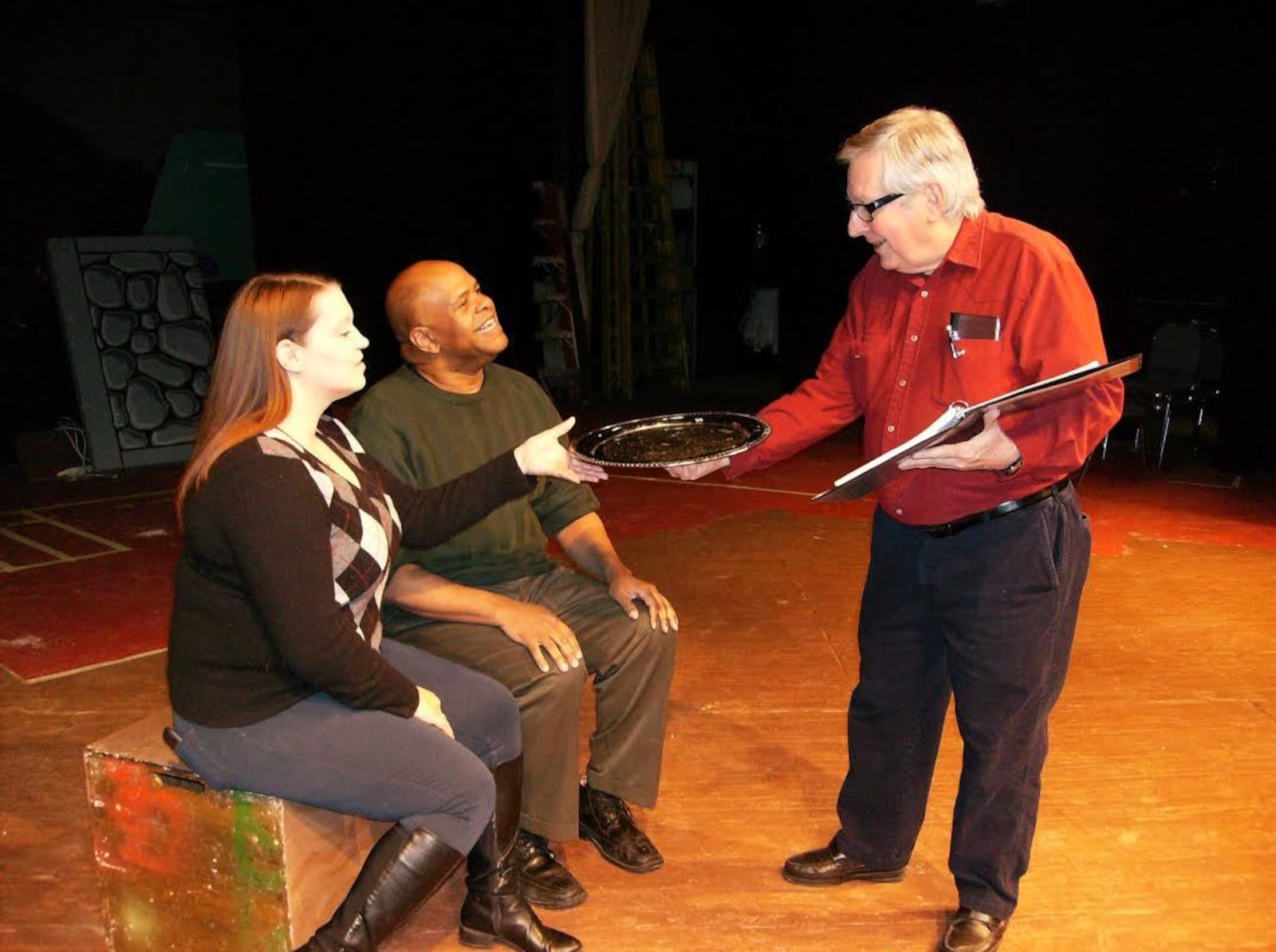 Director Jim Lockwood (right) rehearses a scene with Suzanne Clabaugh and William "Kip" Moore in preparation for the opening of Stephen Schwartz and Nina Faso's musical "Working," which will be presented at the Dayton Playhouse Jan. 31-Feb. 16, 2014. CONTRIBUTED