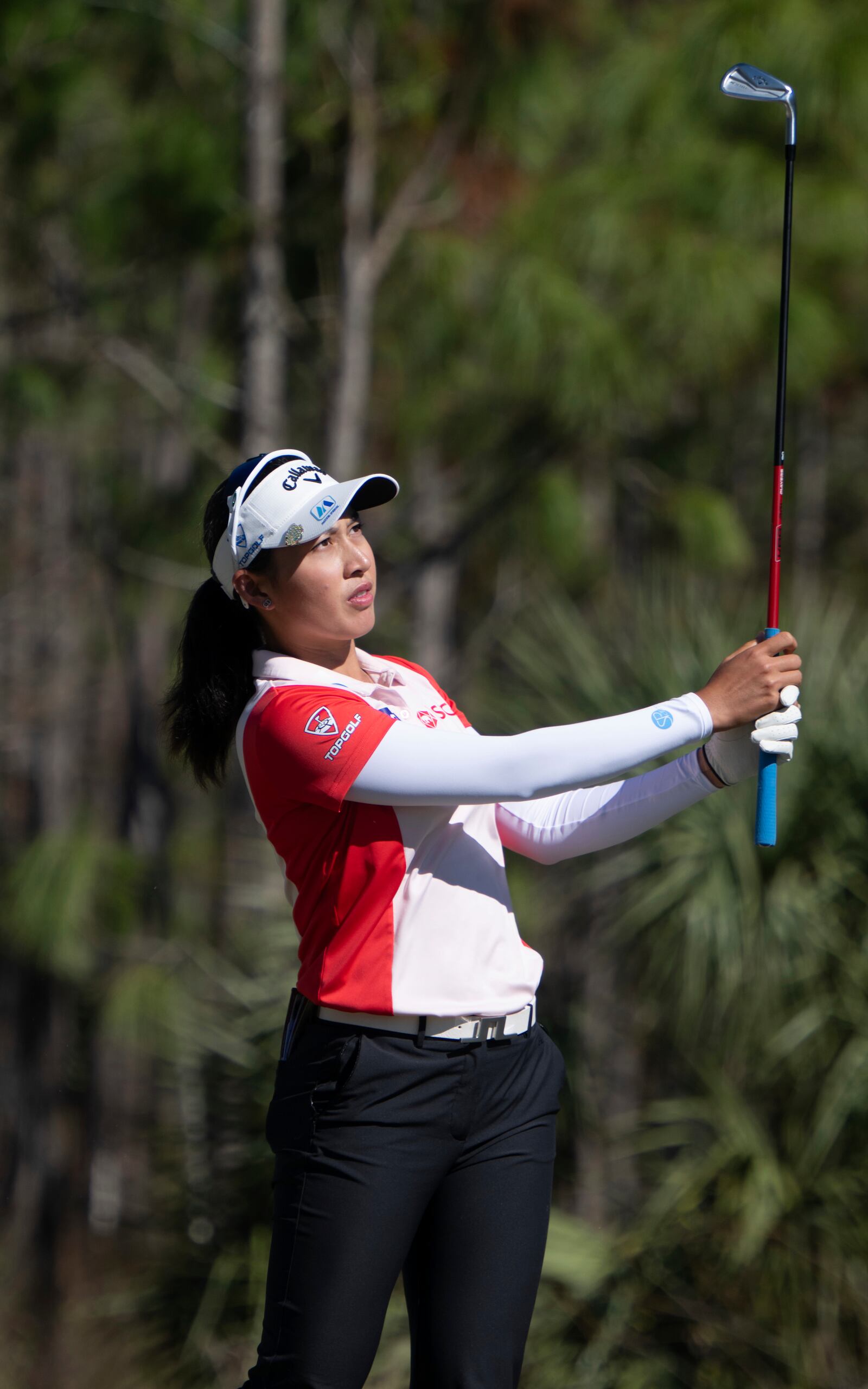 Jeeno Thitikul tees off on the eighth hole during the final round of the LPGA CME Group Tour Championship golf tournament Sunday, Nov. 24, 2024, in Naples, Fla. (AP Photo/Chris Tilley)