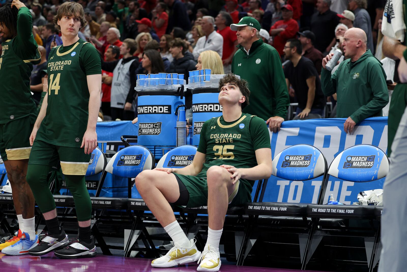 Colorado State forward Kyle Jorgensen reacts on the sideline after the team's loss to Maryland during the second half in the second round of the NCAA college basketball tournament, Sunday, March 23, 2025, in Seattle. (AP Photo/Ryan Sun)