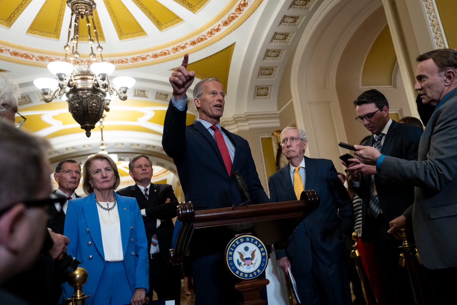 Whip John Thune, R-S.D., speaks to the media following the Senate Republican policy luncheon at Capitol Hill in Washington, Tuesday, Sept. 17, 2024. (AP Photo/Ben Curtis)