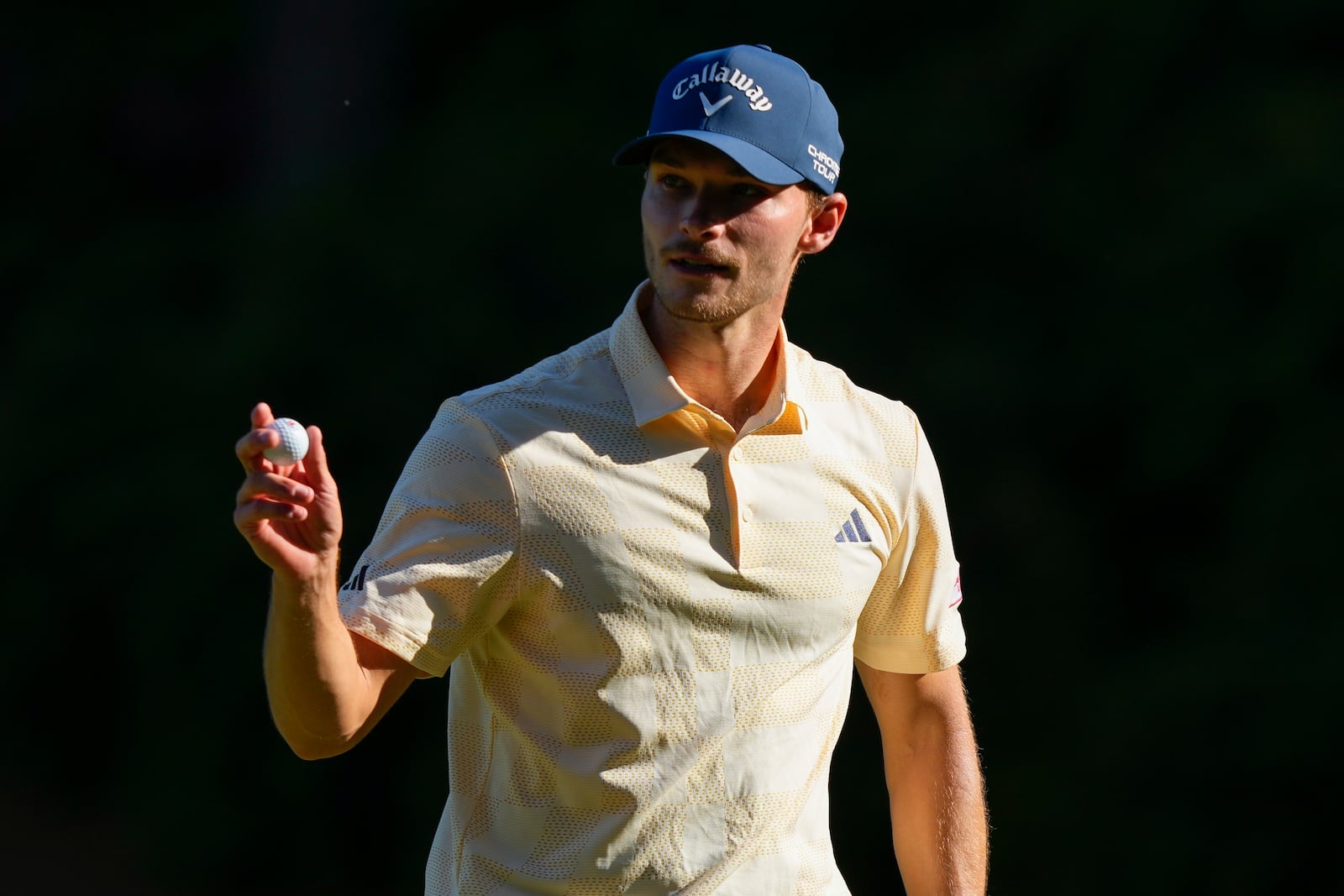 FILE - Nicolai Hojgaard, of Denmark, waves after making a putt on the 13th hole during final round at the Masters golf tournament at Augusta National Golf Club Sunday, April 14, 2024, in Augusta, Ga. (AP Photo/Matt Slocum, File)