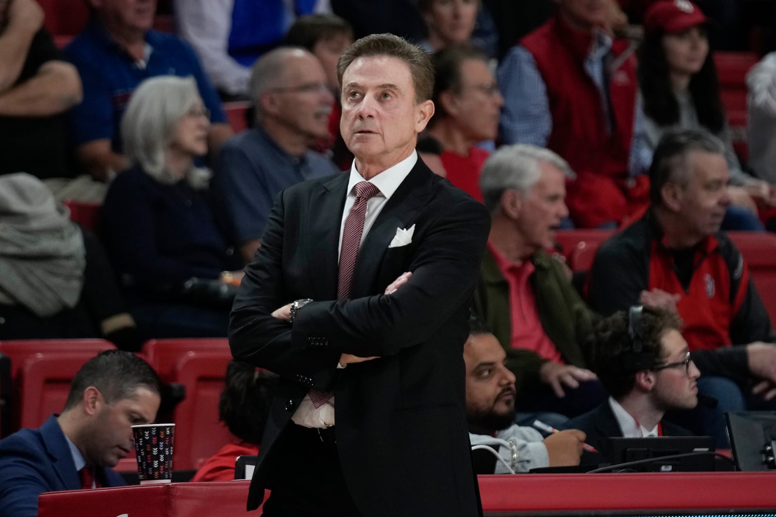 FILE - St. John's head coach Rick Pitino looks on during the first half of an NCAA college basketball game against Stony Brook, Nov. 7, 2023, in New York. (AP Photo/Seth Wenig, File)