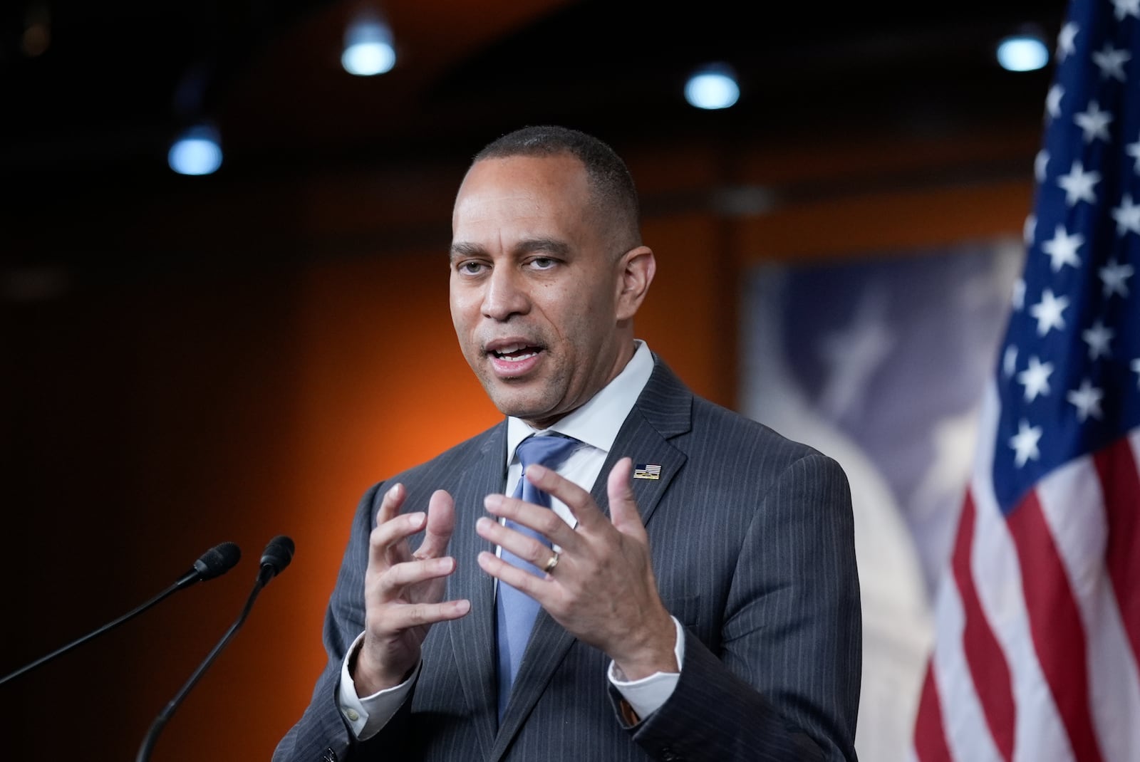 House Minority Leader Hakeem Jeffries, D-N.Y., speaks to reporters at his weekly news conference at the Capitol in Washington, Friday, Feb. 7, 2025. (AP Photo/J. Scott Applewhite)