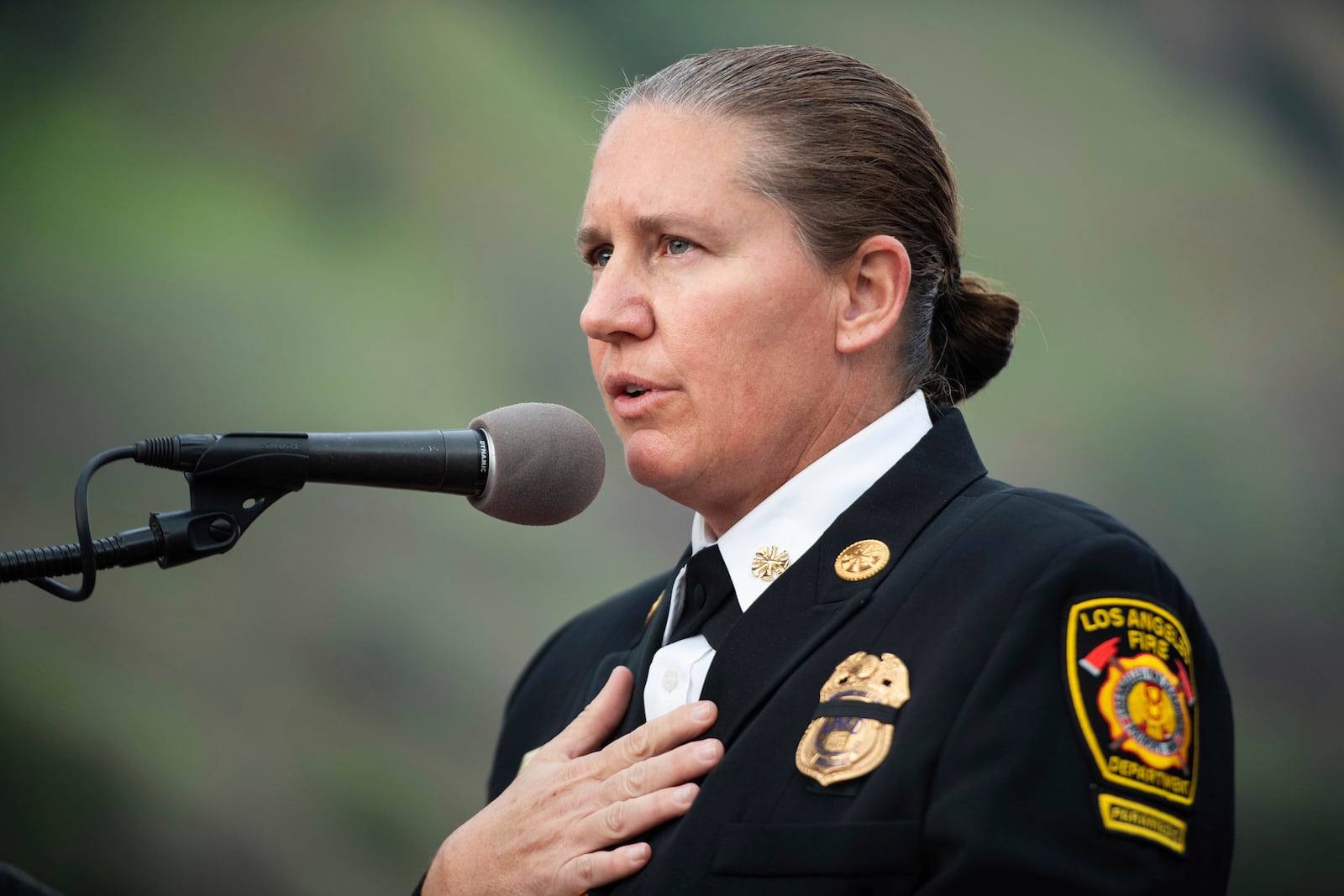 FILE - Kristin Crowley speaks to the press after Los Angeles Mayor Eric Garcetti and City Council President Nury Martinez nominated Crowley for chief of the Los Angeles Fire Department on Tuesday, Jan. 18, 2022. (Sarah Reingewirtz/The Orange County Register via AP, File)