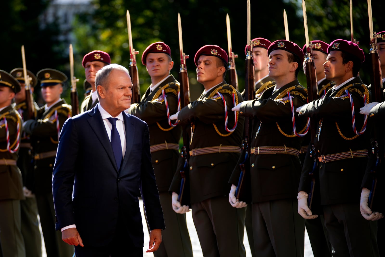 Poland's Prime MInister Donald Tusk arrives in Prague, Czech Republic, Wednesday, Oct. 9, 2024. (AP Photo/Petr David Josek)