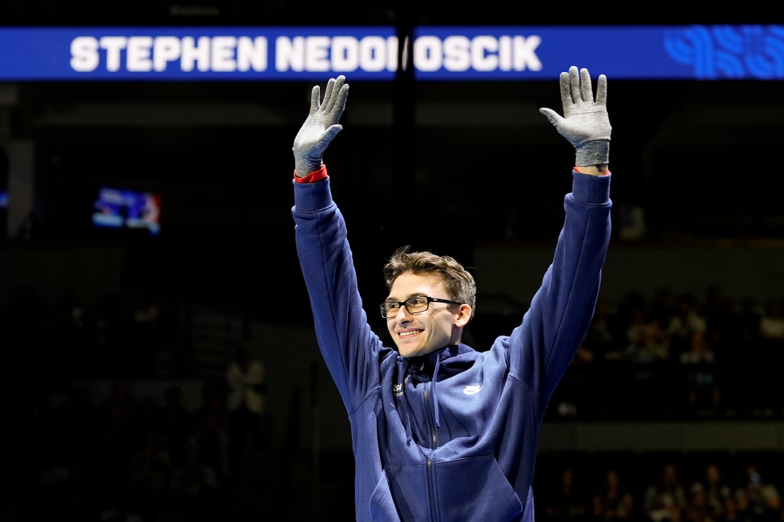 FILE - Stephen Nedoroscik is introduced at the United States Gymnastics Olympic Trials on Saturday, June 29, 2024, in Minneapolis. (AP Photo/Charlie Riedel, File)