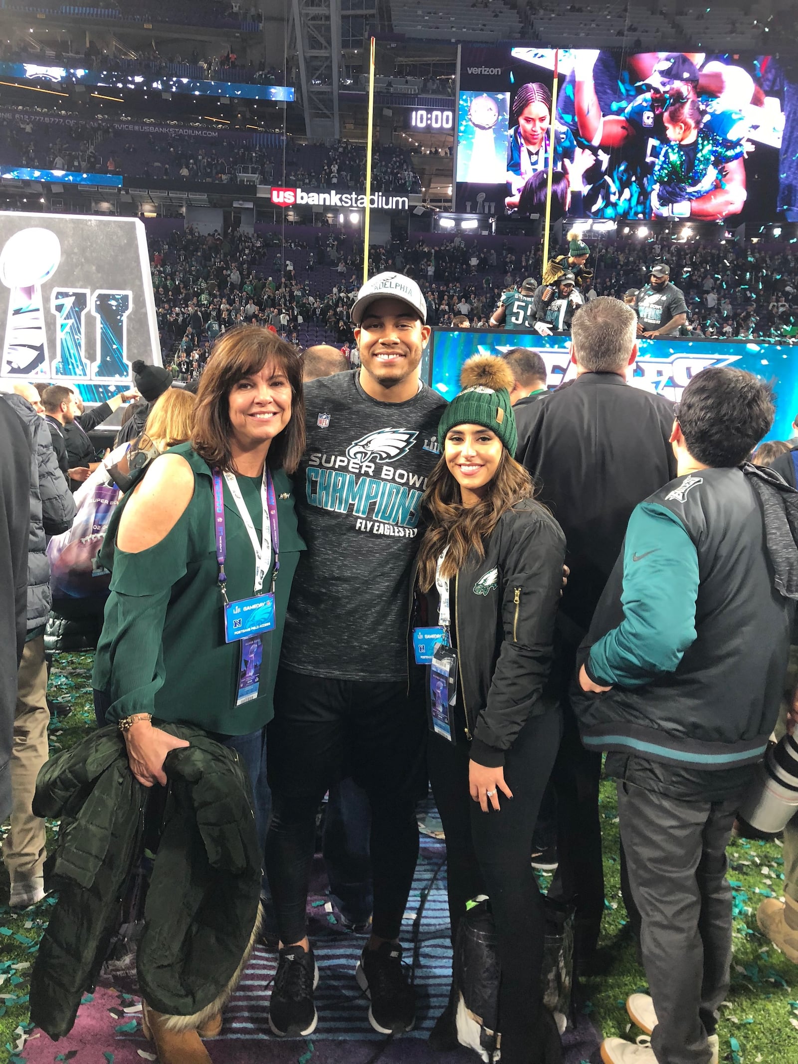 Jordan Hicks poses with his mom, Kelly Justice, and wife, Ivana, after winning Super Bowl LII. SUBMITTED PHOTO