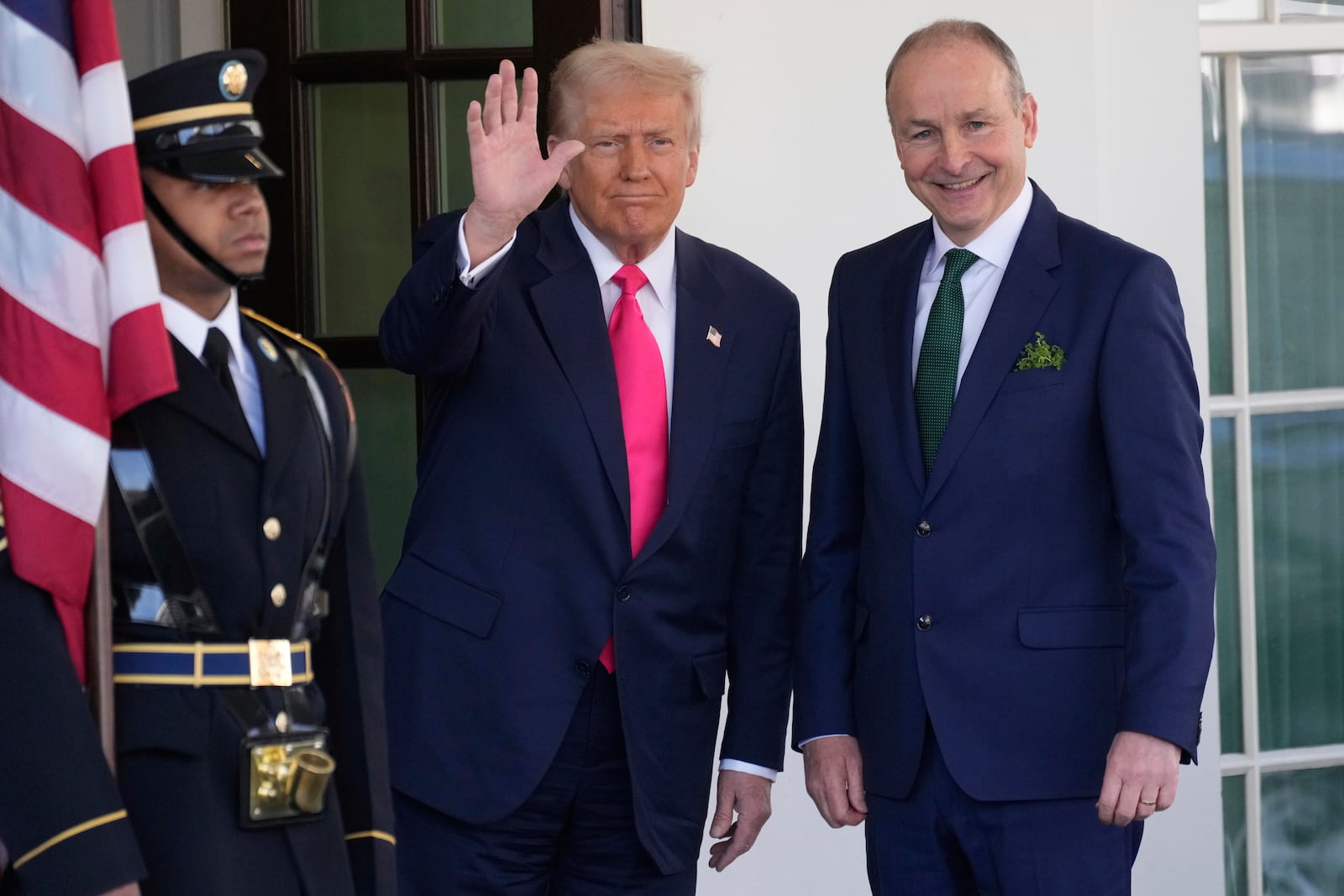 Ireland's Prime Minister Michael Martin is greeted by President Donald Trump as he arrives at the West Wing of the White House in Washington, Wednesday, March 12, 2025. (AP Photo/Ben Curtis)