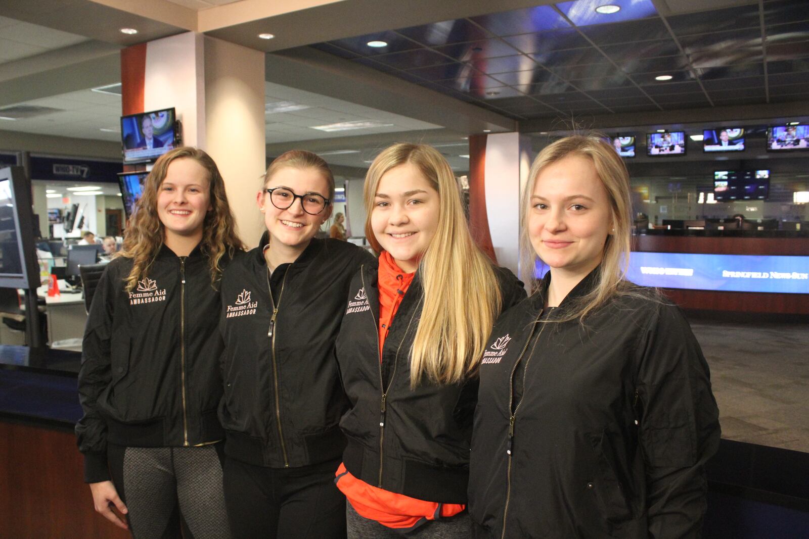 Oakwood High School sophomores ( left to right)  Claire Parker, Ryann Mescher, Dana Clark and Zoe Waller launched the Femme Aid Collaborative to  address period poverty in the Dayton area. They are pictured in the Cox Media Center.