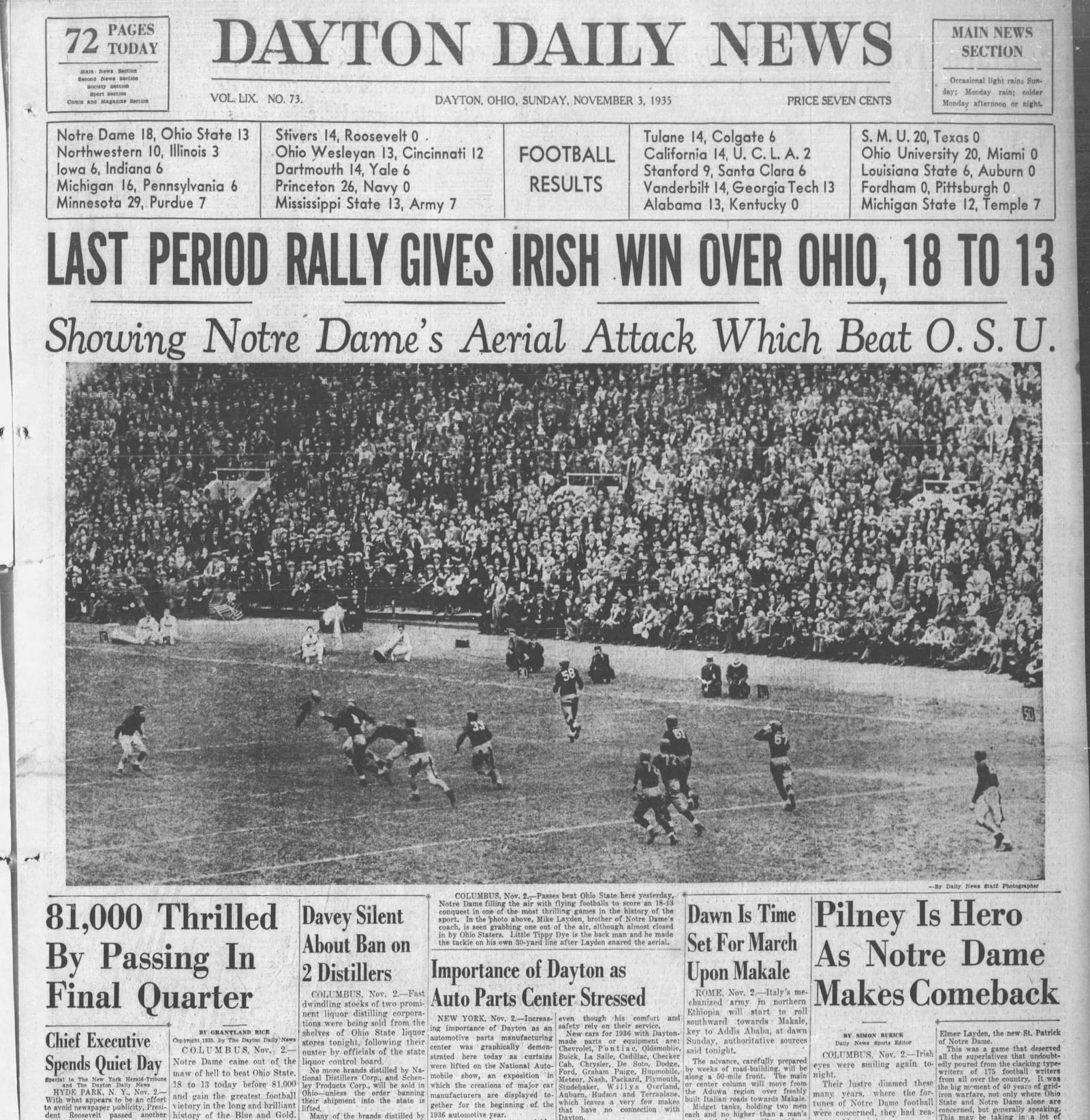 Notre Dame's victory was the top story on the front page in 1935