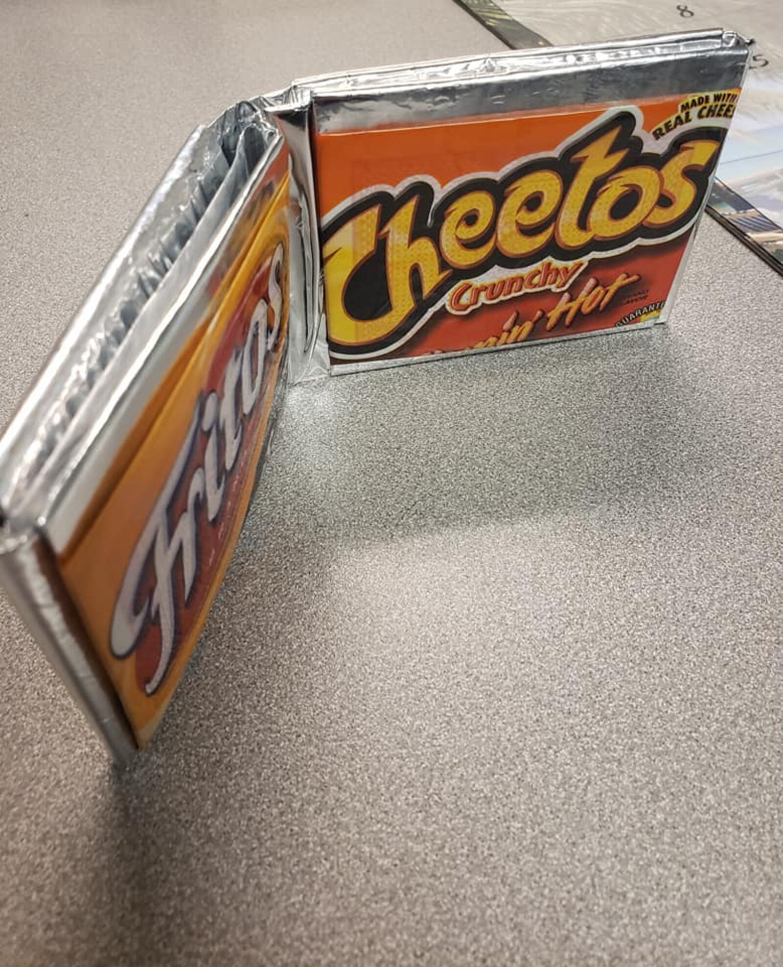 A wallet made by an inmate from chip bags was found Thursday during a search of cells at the Butler County Jail BUTLER COUNTY SHERIFF'S OFFICE