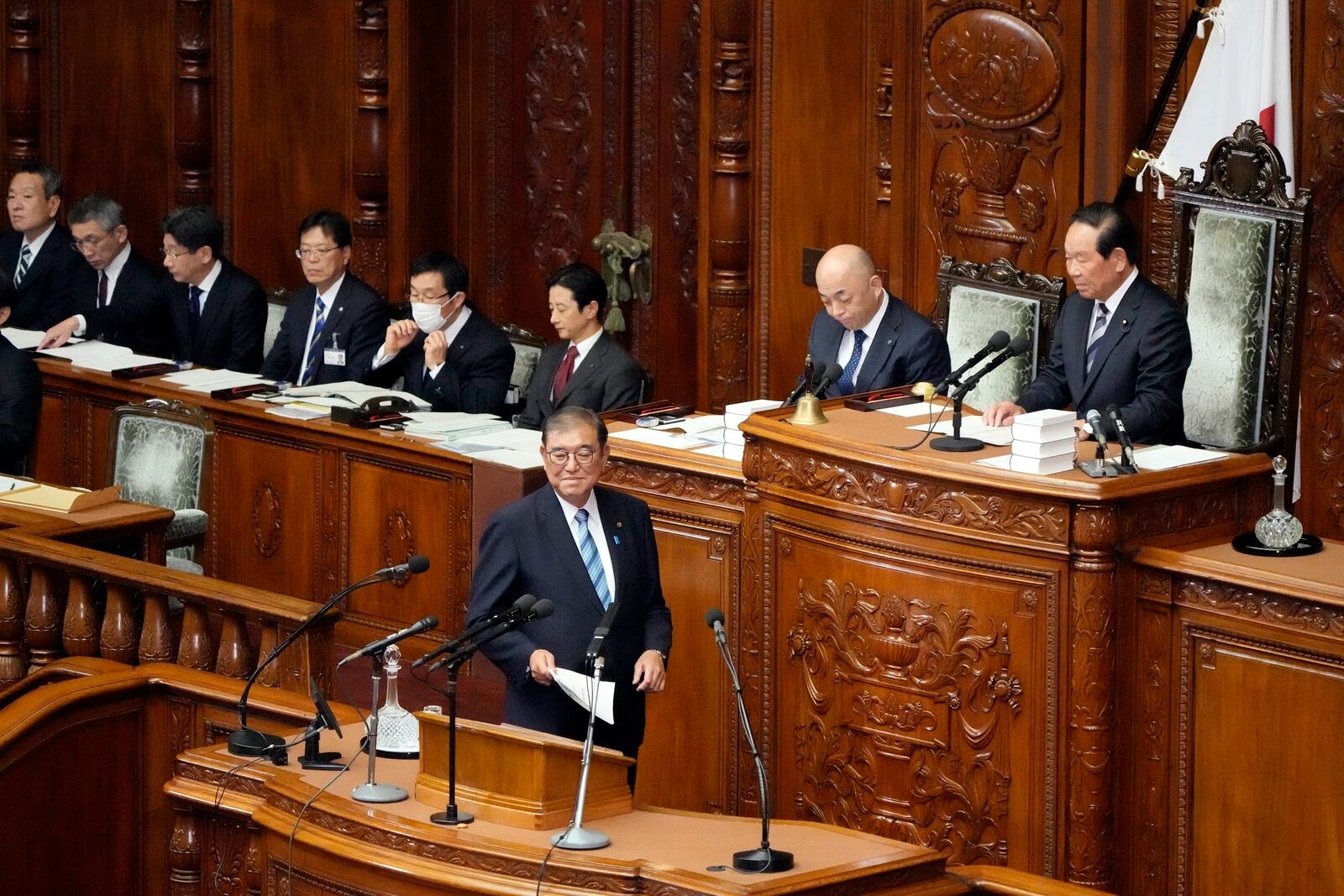 Japanese Prime Minister Shigeru Ishiba prepares to deliver his policy speech at the extraordinary session of parliament's lower house Friday, Nov. 29, 2024, in Tokyo. (AP Photo/Eugene Hoshiko)