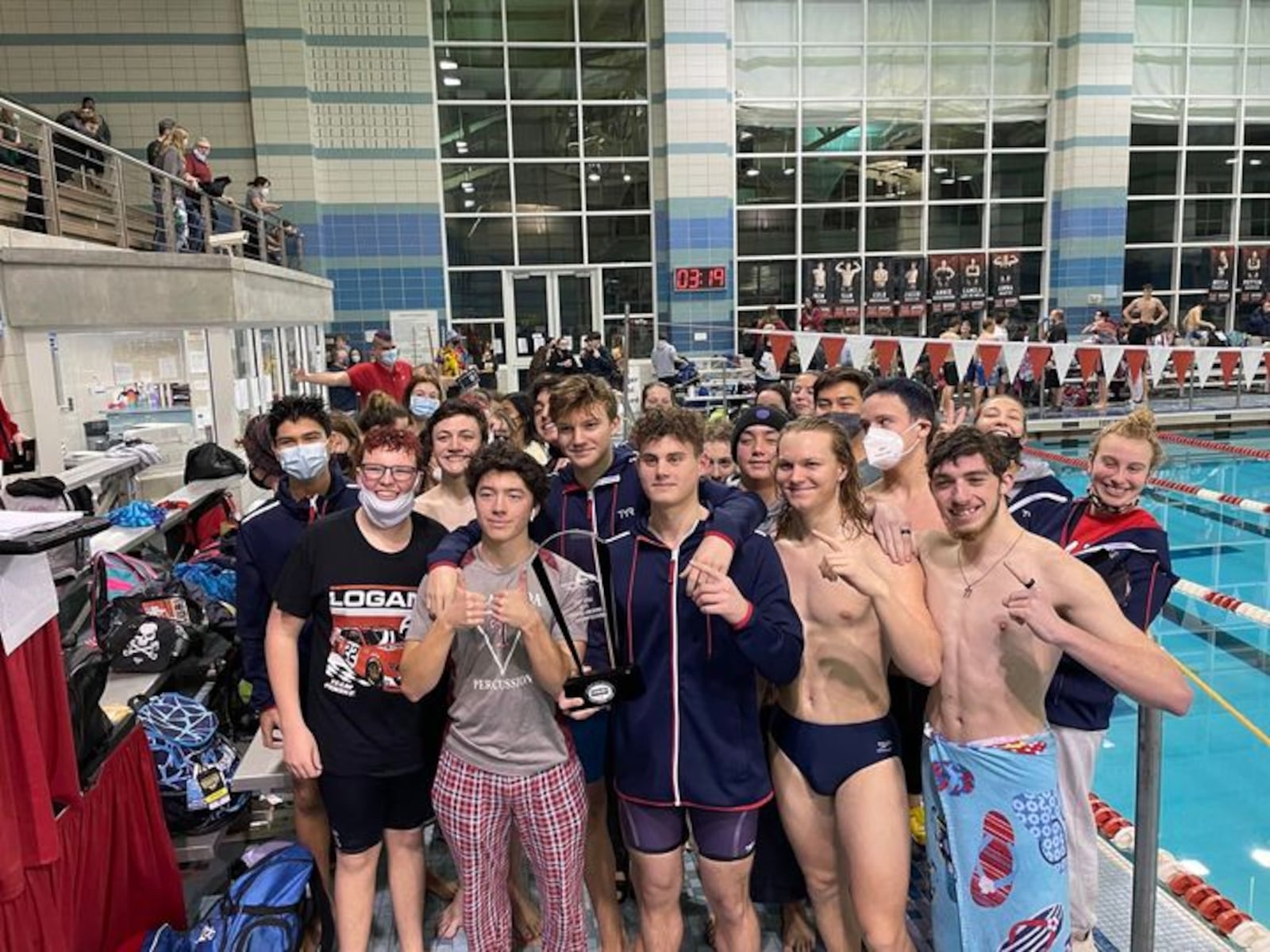 Celebrating 16 consecutive league swimming championships, the Talawanda boys’ team gathered on the deck at the Miami pool last weekend after capturing the Southwest Ohio Conference title. CONTRIBUTED