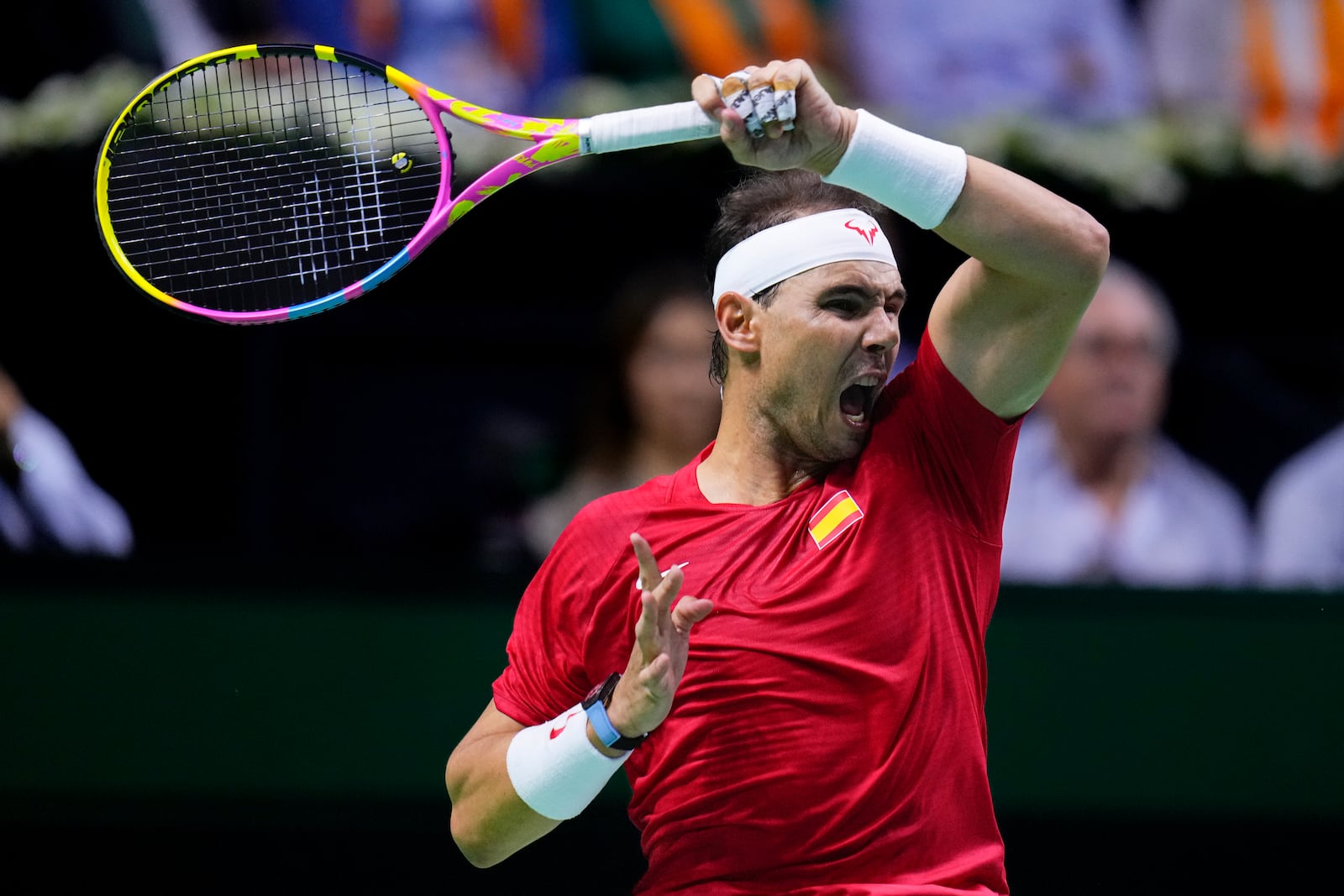 Spain's tennis player Rafael Nadal competes against Netherlands' Botic Van De Zandschulp during a Davis Cup quarterfinal match at Martin Carpena Sports Hall in Malaga, southern Spain, on Tuesday, Nov. 19, 2024. (AP Photo/Manu Fernandez)