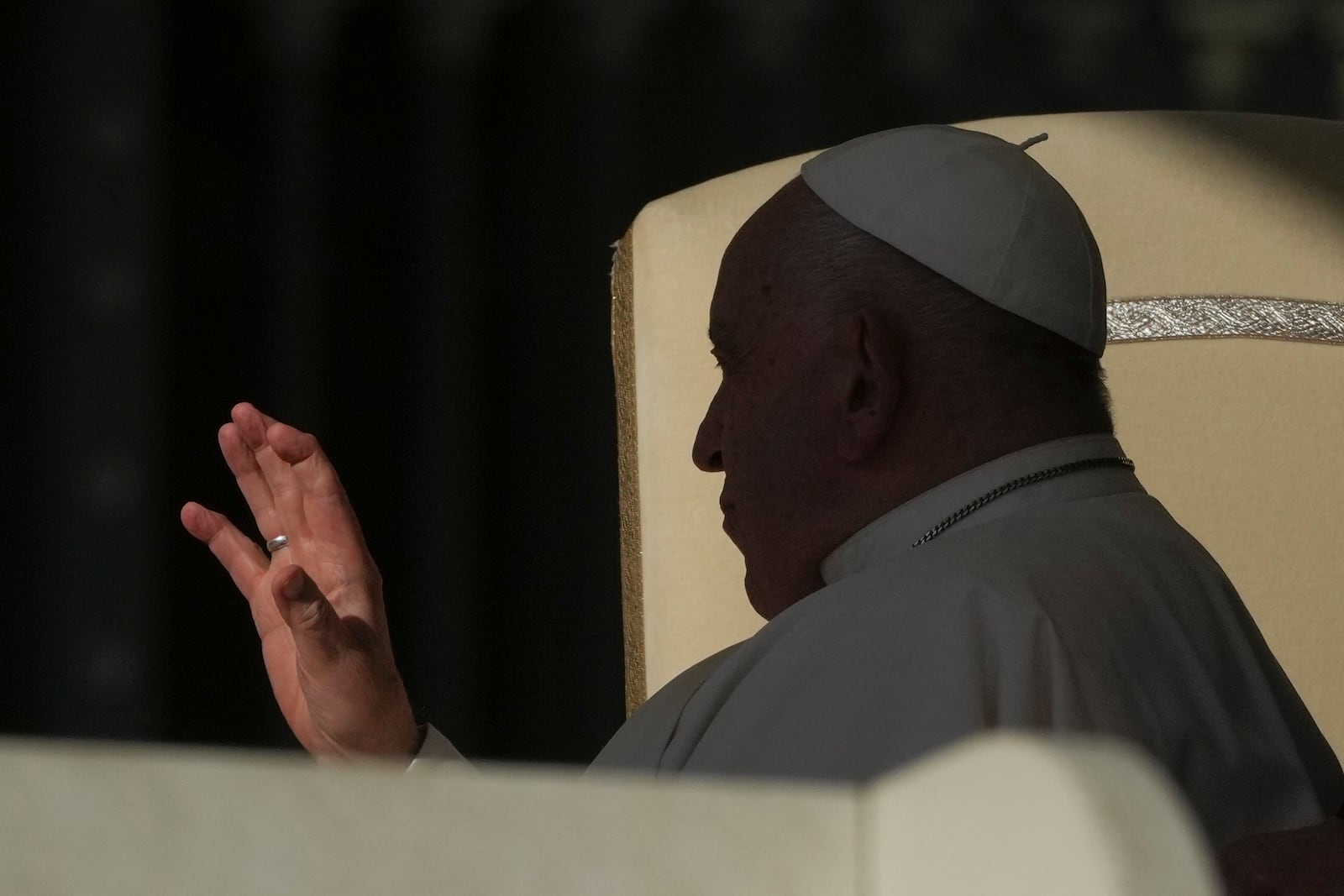 Pope Francis waves to faithful during the weekly general audience in St. Peter's Square, at the Vatican, Wednesday, Nov. 6, 2024. (AP Photo/Alessandra Tarantino)