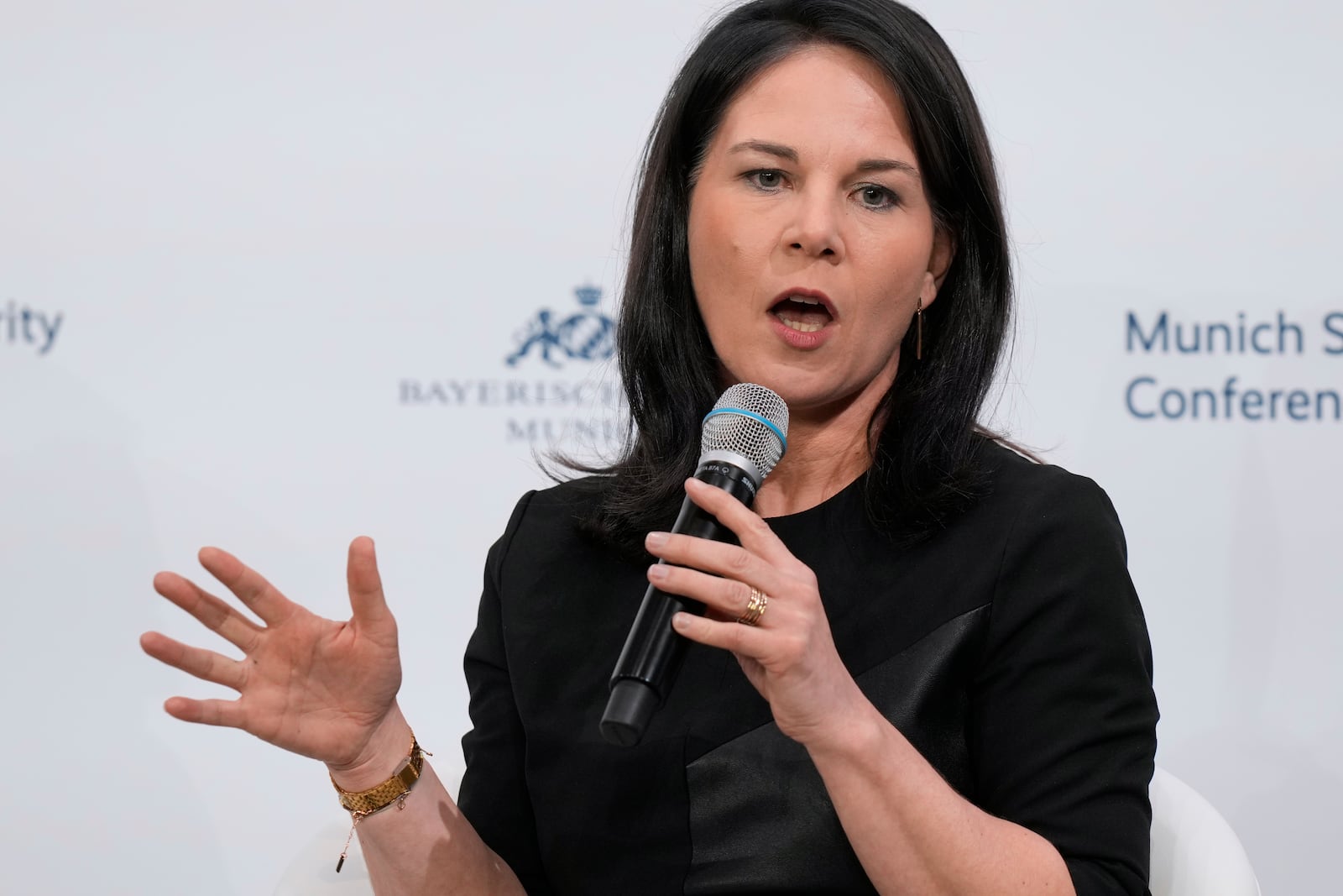 Germany's Foreign Minister Annalena Baerbock speaks during a panel discussion for the Munich Security Conference at the Bayerischer Hof Hotel in Munich, Germany, Saturday, Feb. 15, 2025. (AP Photo/Matthias Schrader)