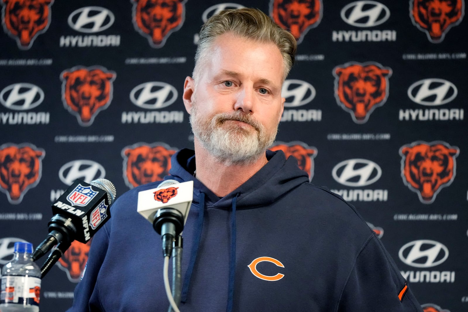 Chicago Bears head coach Matt Eberflus listens to reporters during a news conference after an NFL football game against the Green Bay Packers in Chicago, Sunday, Nov. 17, 2024. (AP Photo/Nam Y. Huh)