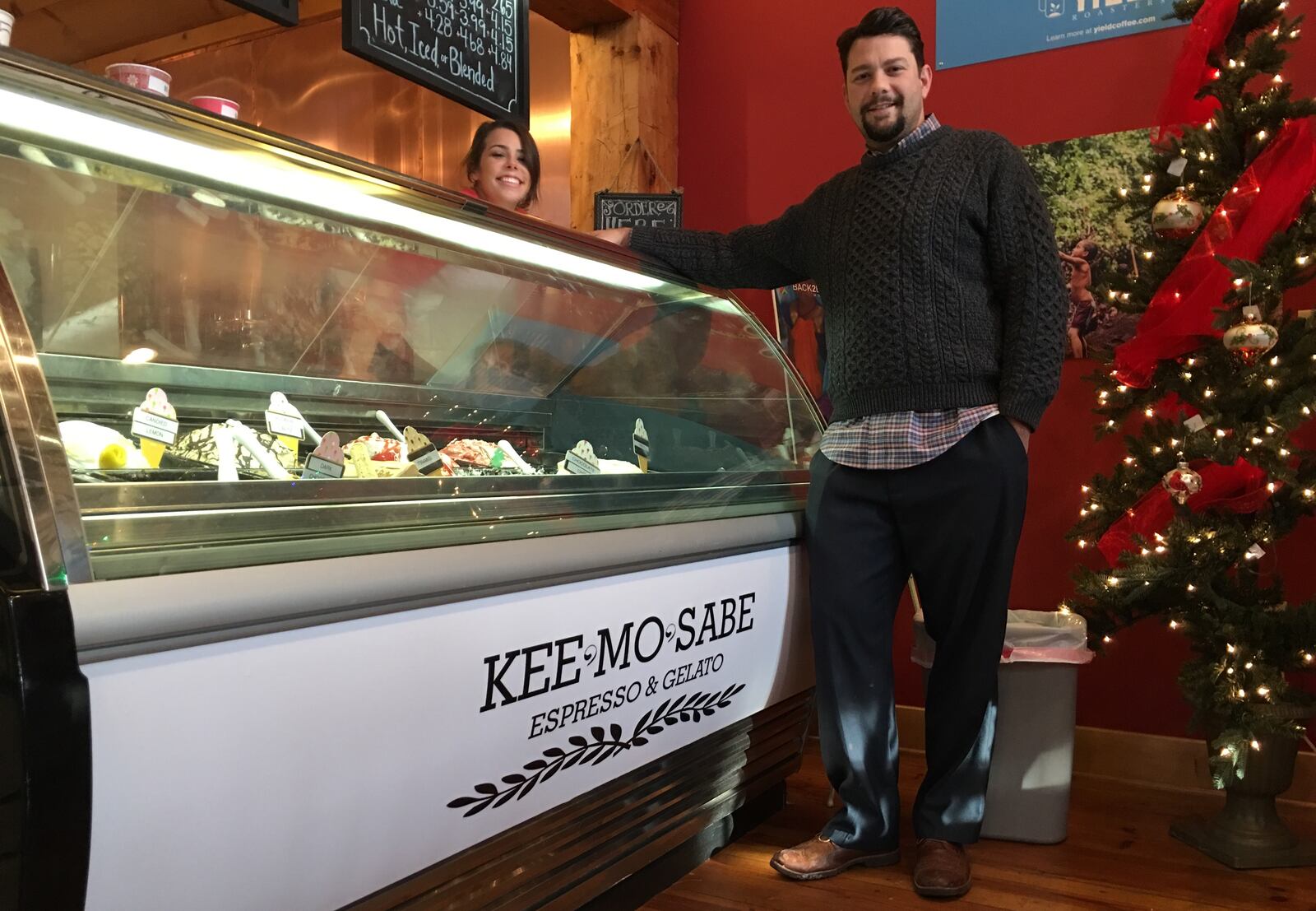 Jeremy Green and Megan Buckle at the counter of Kee-Mo-Sabe Espresso & Gelato in Cobblestone Village in Waynesville.