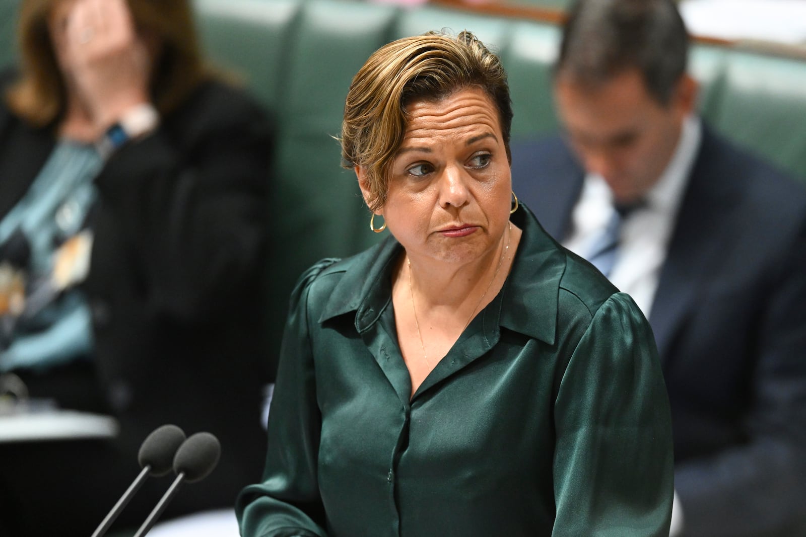 Australian Communications Minister Michelle Rowland speaks during House of Representatives Question Time at Parliament House in Canberra, Monday, Nov.18, 2024. (Lukas Coch/AAP Image via AP)