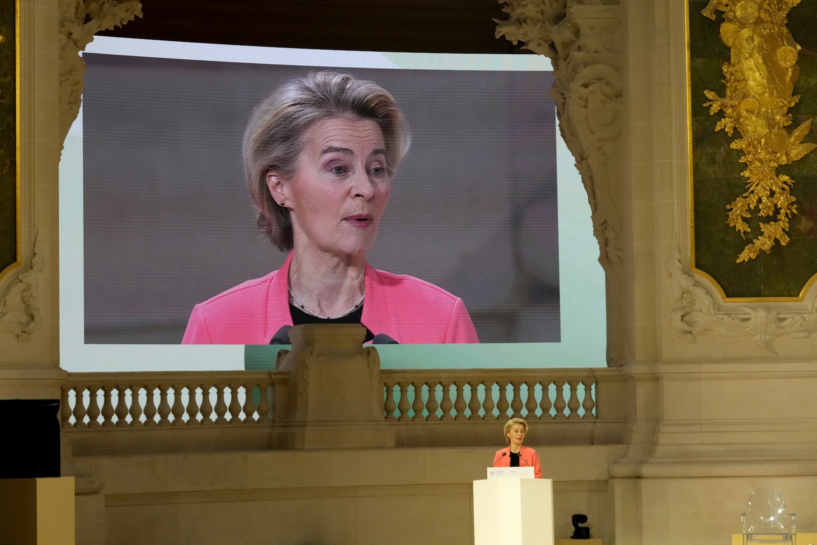 European Commission President Ursula von der Leyen addresses the audience at the Grand Palais during the Artificial Intelligence Action Summit in Paris, Tuesday, Feb. 11, 2025. (AP Photo/Michel Euler)