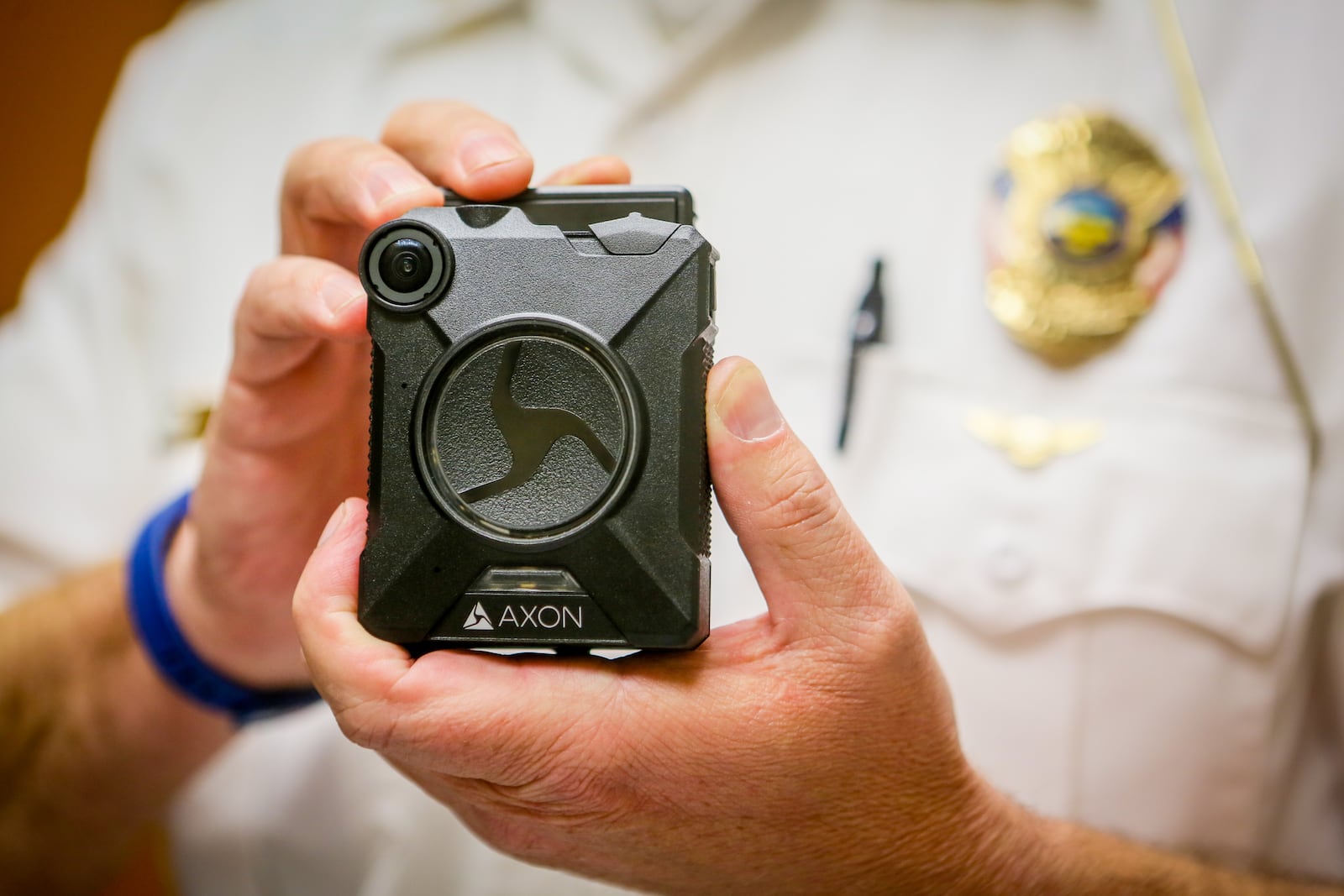 Pictured is a type of police body camera. West Chester Twp. budgeted $125,000 for the cameras this year, but has yet to implement them. GREG LYNCH/STAFF