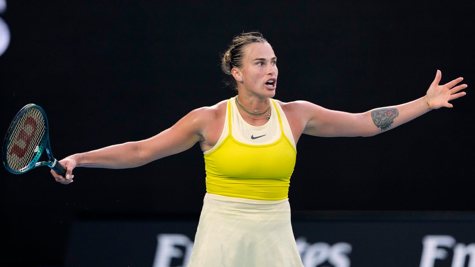 Aryna Sabalenka of Belarus reacts during her quarterfinal match against Anastasia Pavlyuchenkova of Russia during their quarterfinal match at the Australian Open tennis championship in Melbourne, Australia, Tuesday, Jan. 21, 2025. (AP Photo/Asanka Brendon Ratnayake)