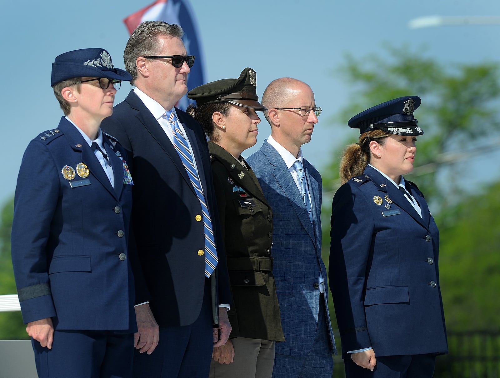 The official ribbon cutting ceremony for the National Air and Space Intelligence Center (NASIC) took place Monday, May 13, 2024. From left, Lt. General Leah G. Lauderback, U.S. Congressman Mike Turner, Colonel L. Reyn Mann, Matthew Schnelle, Messer Construction Company and Colonel Ariel G. Batungbacal. MARSHALL GORBY\STAFF