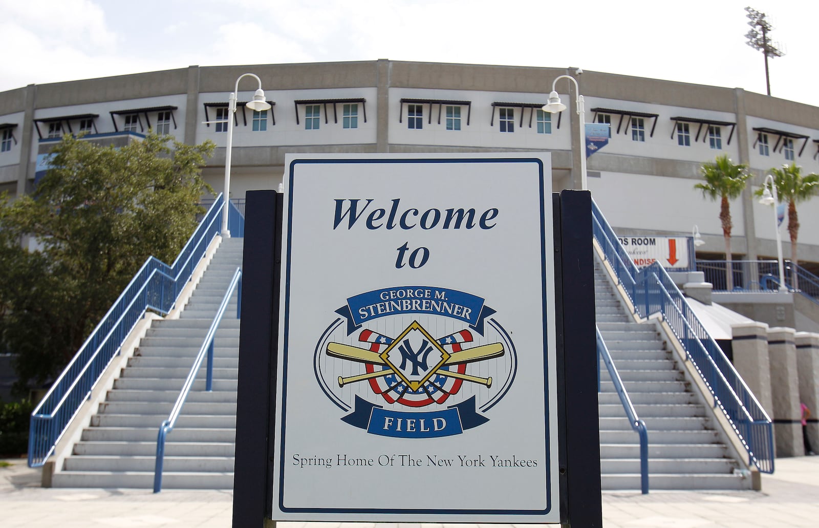 FILE - A sign welcoming baseball fans to George M. Steinbrenner Field, the spring training home of the New York Yankees is shown Tuesday, July 13, 2010, in Tampa, Fla. (AP Photo/Chris O'Meara, File)