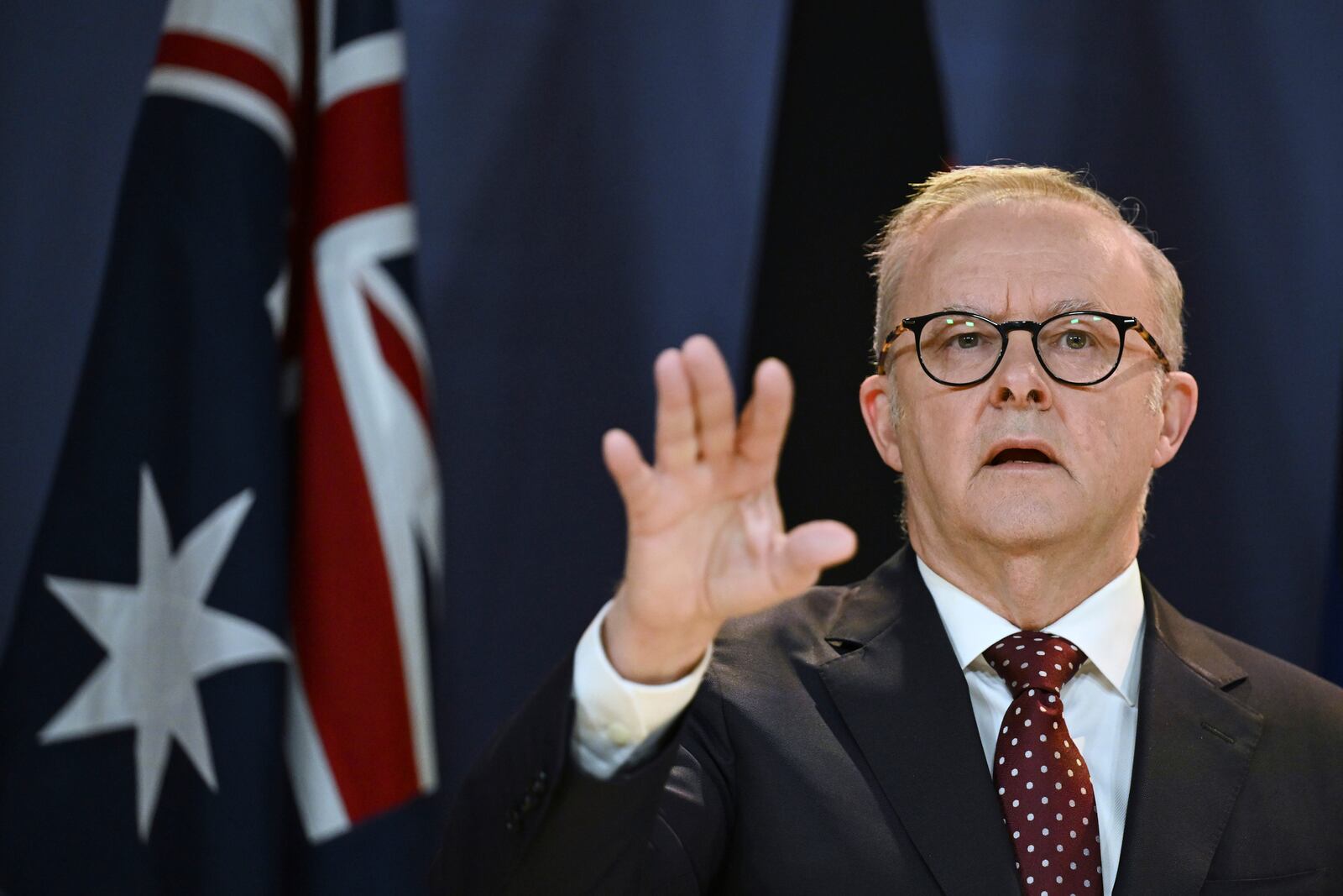 Australian Prime Minister Anthony Albanese gestures during a press conference in Sydney, Wednesday, March 12, 2025. (Dean Lewins/AAP Image via AP)