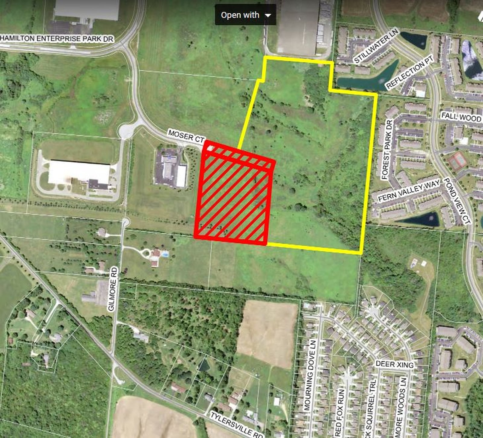 Here is the area in Hamilton where JWF Technologies plans a new manufacturing/warehouse/office space (in red).