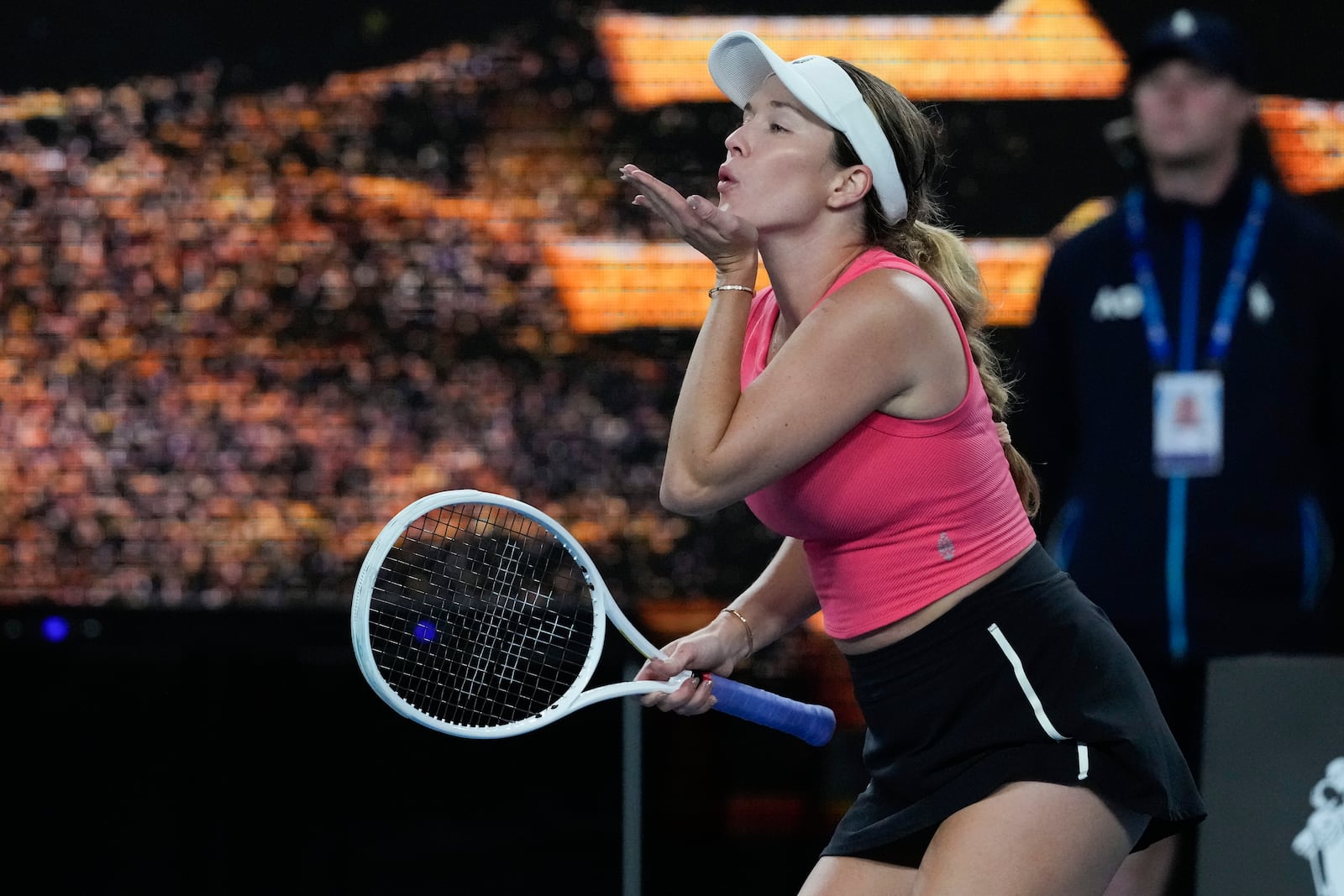 FILE - Danielle Collins of the U.S. reacts after defeating Destanee Aiava of Australia in their second round match at the Australian Open tennis championship in Melbourne, Australia, Thursday, Jan. 16, 2025. (AP Photo/Manish Swarup, File)