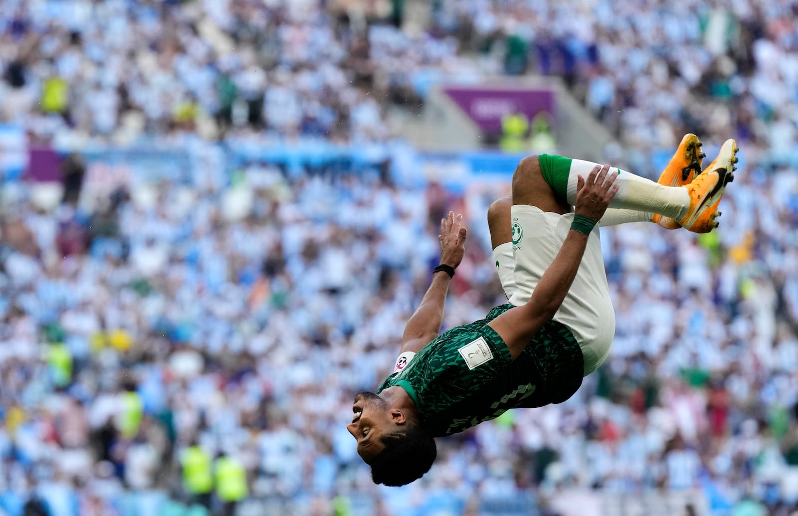 FILE - Saudi Arabia's Salem Al-Dawsari celebrates after scoring his side's second goal during the World Cup Group C soccer match between Argentina and Saudi Arabia at the Lusail Stadium in Lusail, Qatar, Tuesday, Nov. 22, 2022. (AP Photo/Ricardo Mazalan, File)