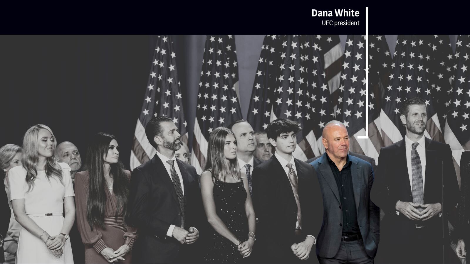 Dana White, the president of the Ultimate Fighting Championship, is among the crew of longtime friends, aides and new allies attending an election night watch party for Donald Trump. (AP Photo/Alex Brandon; AP Illustration by Alex Connor)