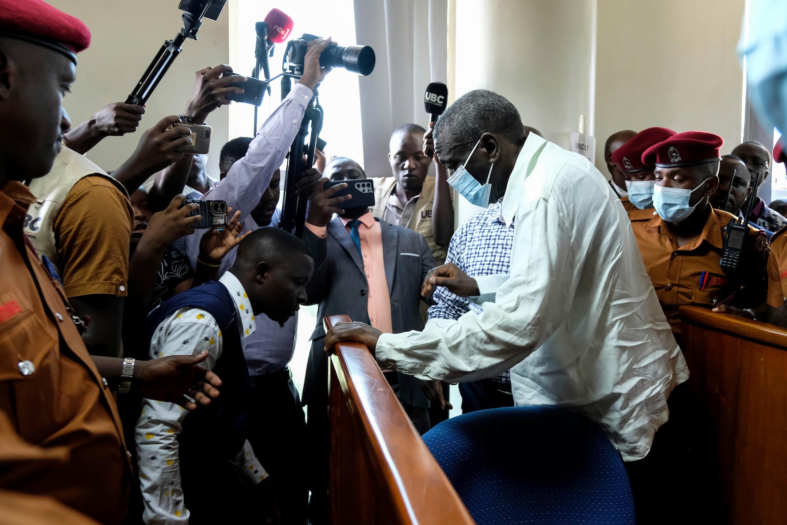 Ugandan opposition leader and four-time presidential candidate Kizza Besigye appears in a civilian court in Kampala, Uganda Wednesday, Feb. 19, 2025. (AP Photo/Hajarah Nalwadda)