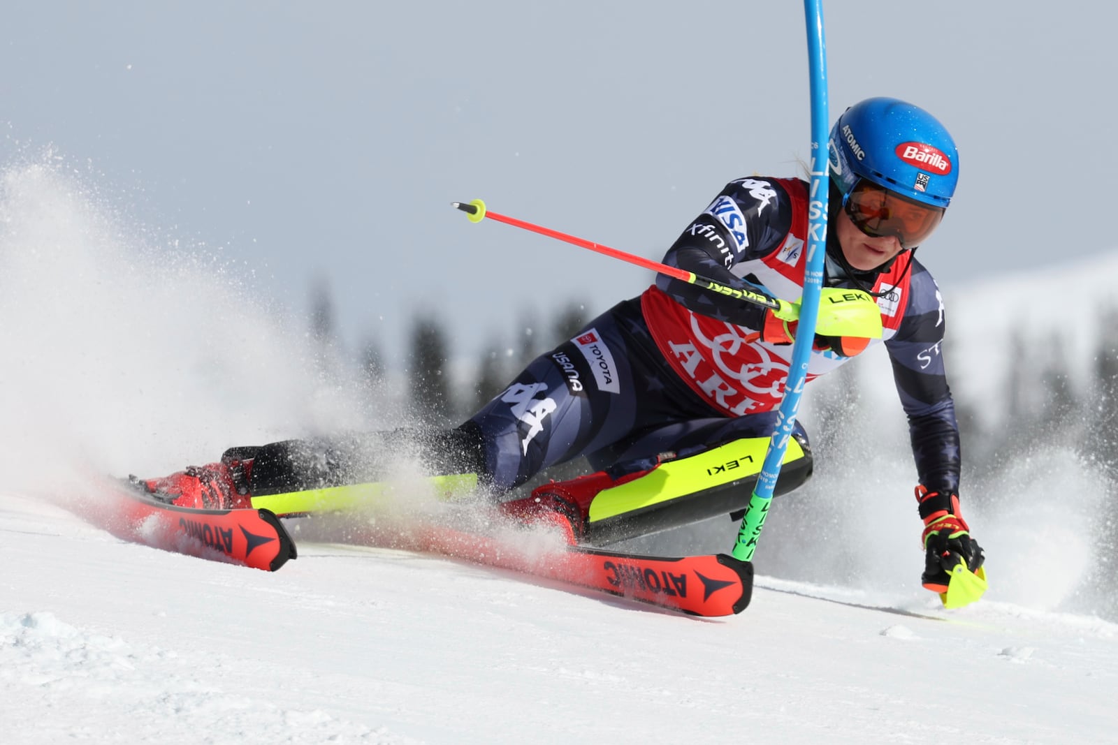 FILE - United States' Mikaela Shiffrin speeds down the course during an alpine ski, women's World Cup slalom, in Are, Sweden, Saturday, March 11, 2023. (AP Photo/Alessandro Trovati, File)