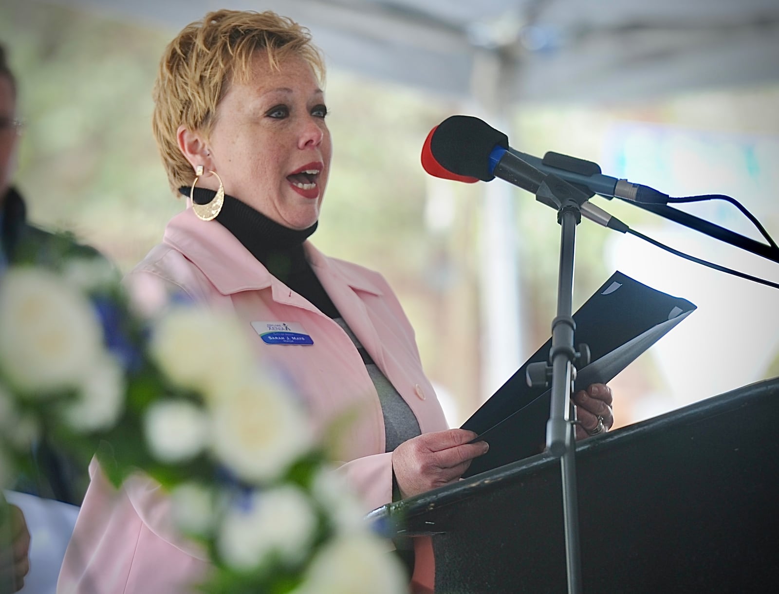 Xenia Mayor Sarah Mays read a proclamation Wednesday, April 3, 2024, during the ceremony marking the 50th anniversary of the devastating tornado that resulted in the deaths of 35 people and wounded more than 1,300. The event was held on Main Street in downtown Xenia. MARSHALL GORBY\STAFF