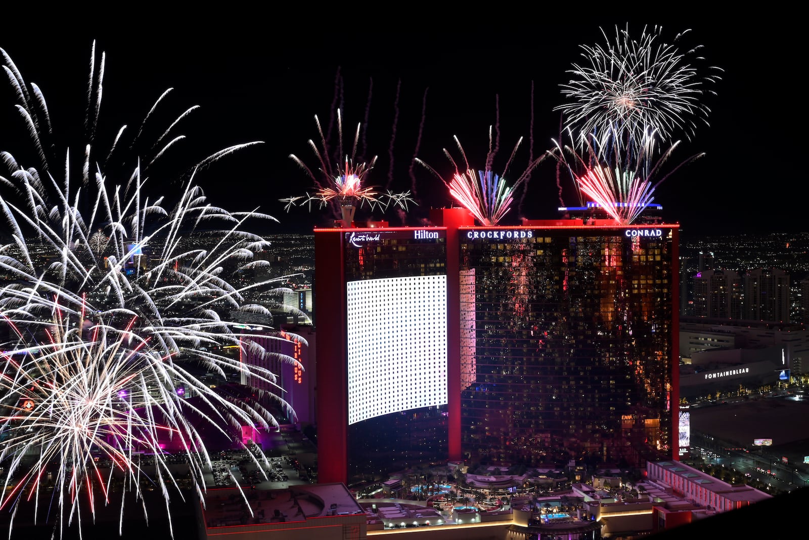 Fireworks explode over the Las Vegas Strip during a New Year's Eve celebration Wednesday, Jan. 1, 2025, in Las Vegas. (AP Photo/David Becker)