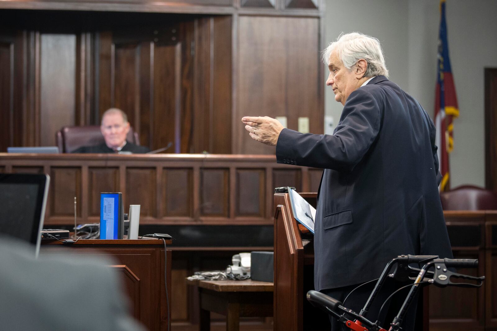 Travis McMichael's attorney Pete Donaldson, left, points to his client while speaking to Superior Court Judge Timothy Walmsley during a hearing, Thursday, Oct. 24, 2024, in Brunswick, Ga. (AP Photo/Stephen B. Morton)