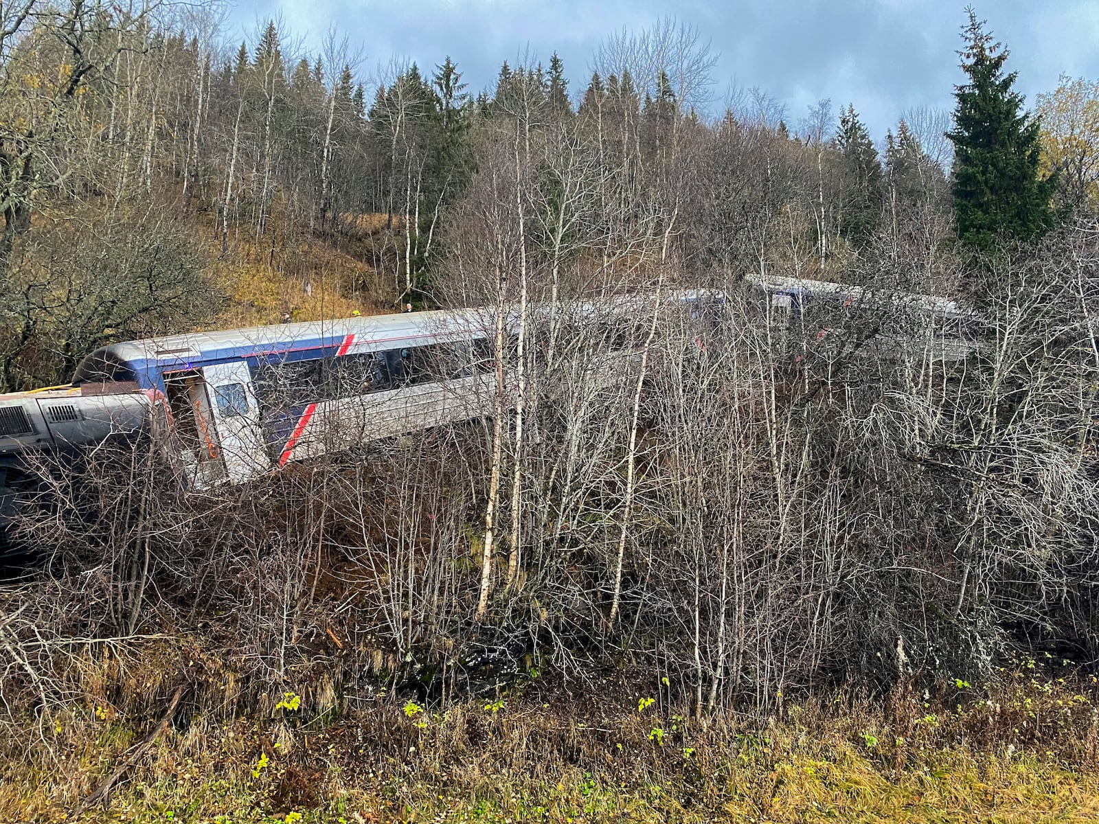 Several people were injured in the train derailment at Finneidfjord in Nordland, Norway, on Wednesday afternoon, the police said, Thursday, Oct. 24, 2024. The derailment is probably caused by a rock slide. (Jan Kenneth Transeth/NTB Scanpix via AP)