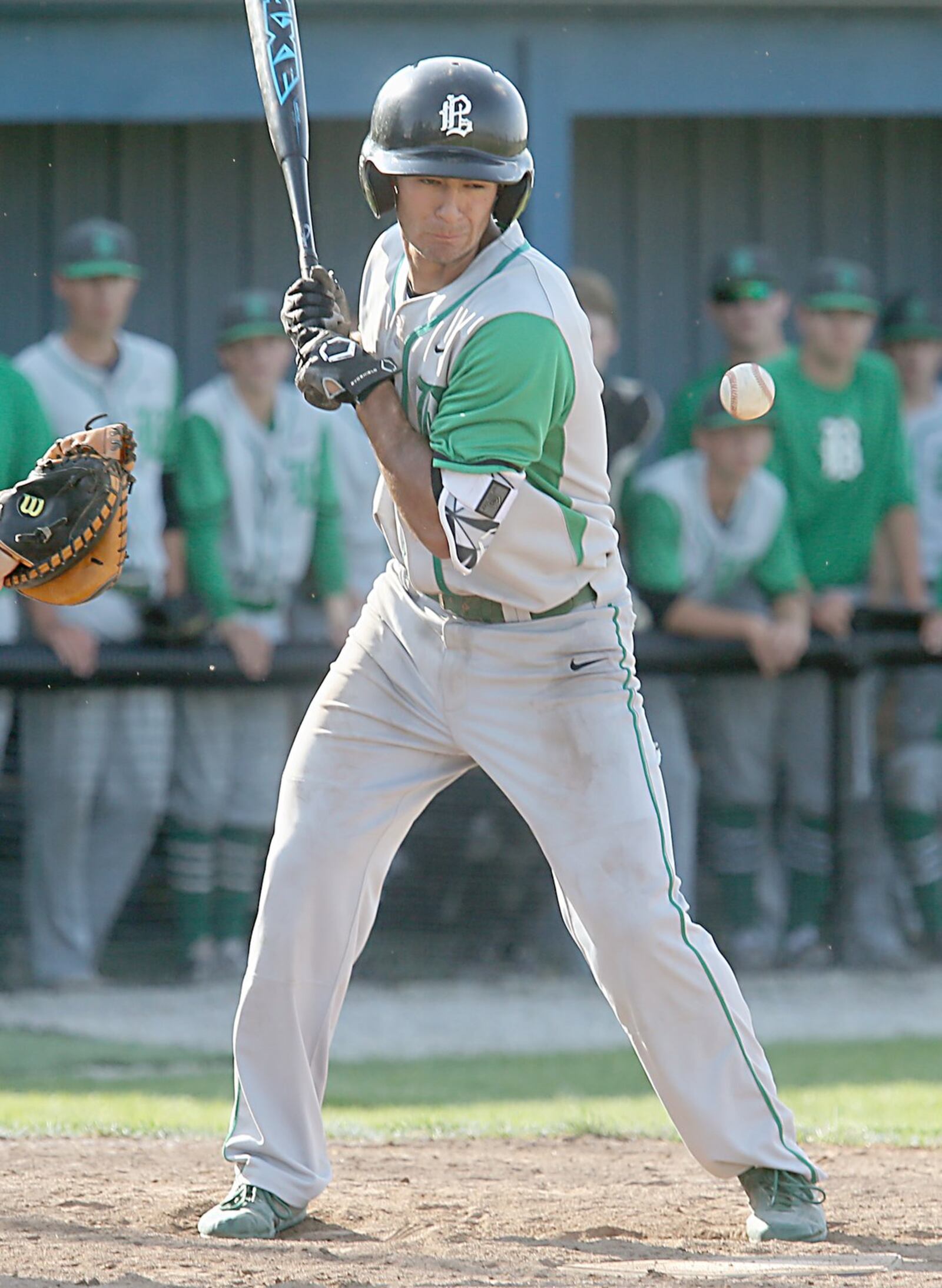 Badin’s Daunte DeCello is hit by a pitch in the seventh inning of Thursday’s Division II sectional final against Chaminade Julienne at Miamisburg. The home-plate umpire ruled that DeCello stuck his elbow out in order to get hit and had to continue the at-bat. CONTRIBUTED PHOTO BY E.L. HUBBARD