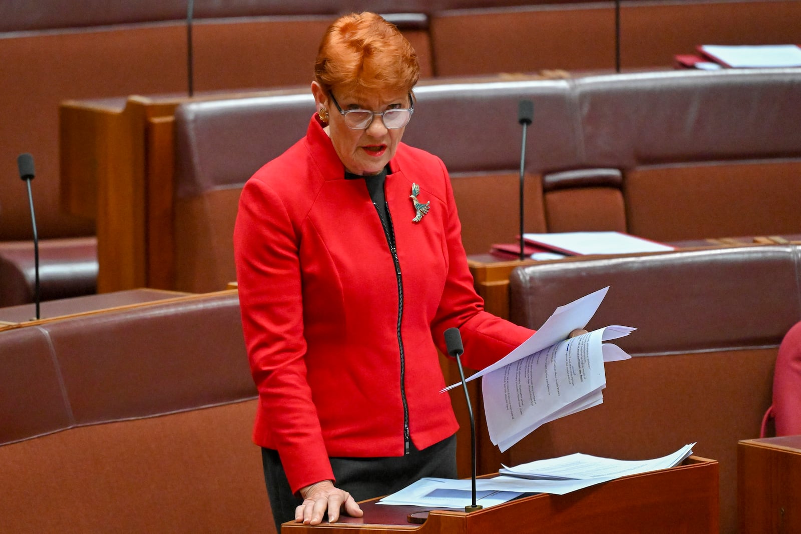 One Nation leader Pauline Hanson speaks in the senate chamber at Parliament House in Canberra, Australia, on Aug. 14, 2024. (Mick Tsikas/AAP Image via AP)