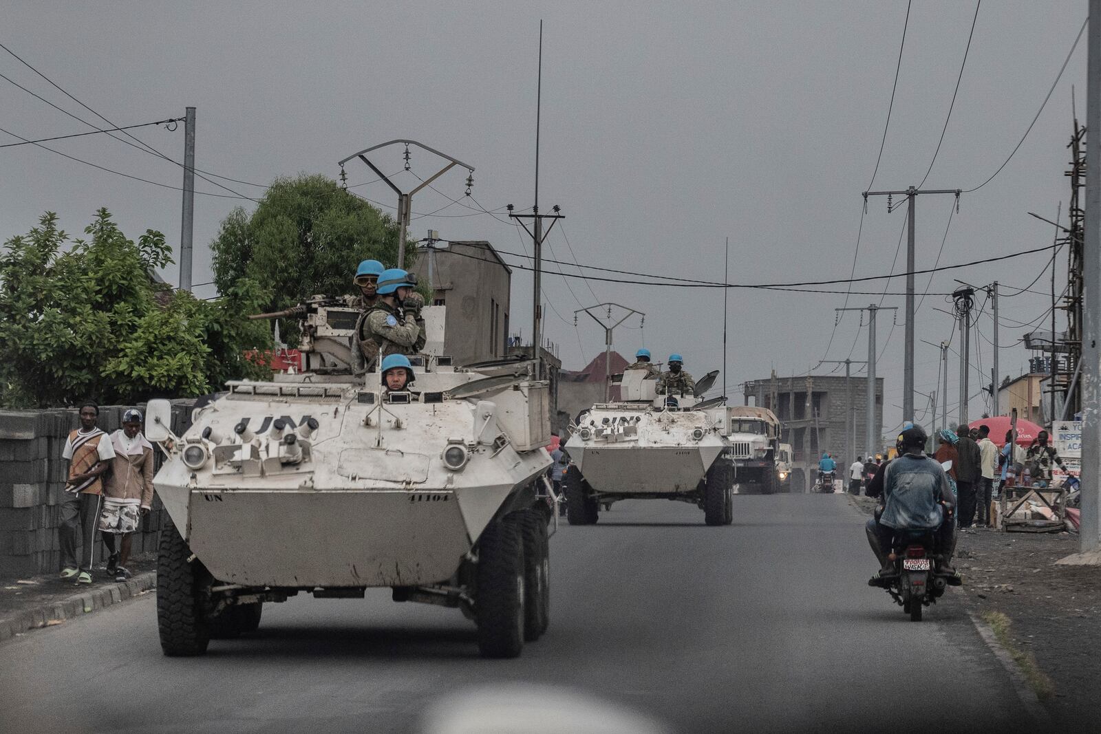 UN armoured personnel carriers deploy outside Goma, Democratic Republic of the Congo, Saturday, Jan. 25, 2025. (AP Photo/Moses Sawasawa)