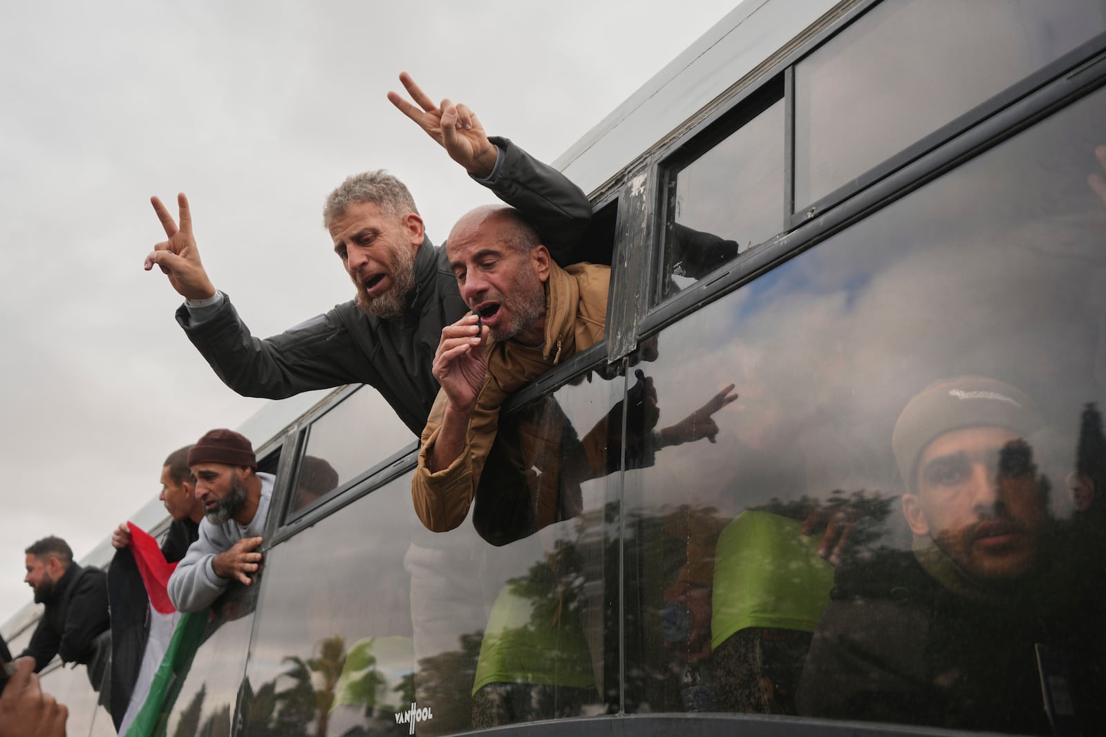 Freed Palestinian prisoners arrive in the Gaza Strip after being released from an Israeli prison following a ceasefire agreement between Hamas and Israel in Khan Younis, souther Gaza Strip, Saturday Feb. 8, 2025. (AP Photo/Abdel Kareem Hana)