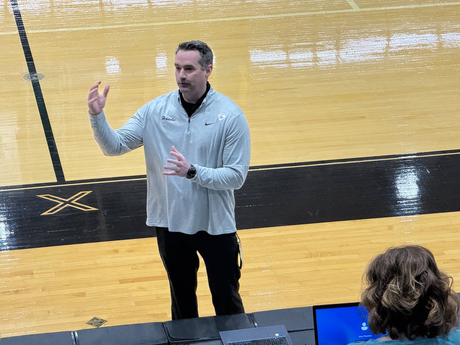 Interim Lakota East High School Principal Matthew MacFarlane has been named as the school’s new, full-time administrative leader by the Lakota school board. MacFarlane is shown speaking to teachers during a recent school staff gathering. (Provided)