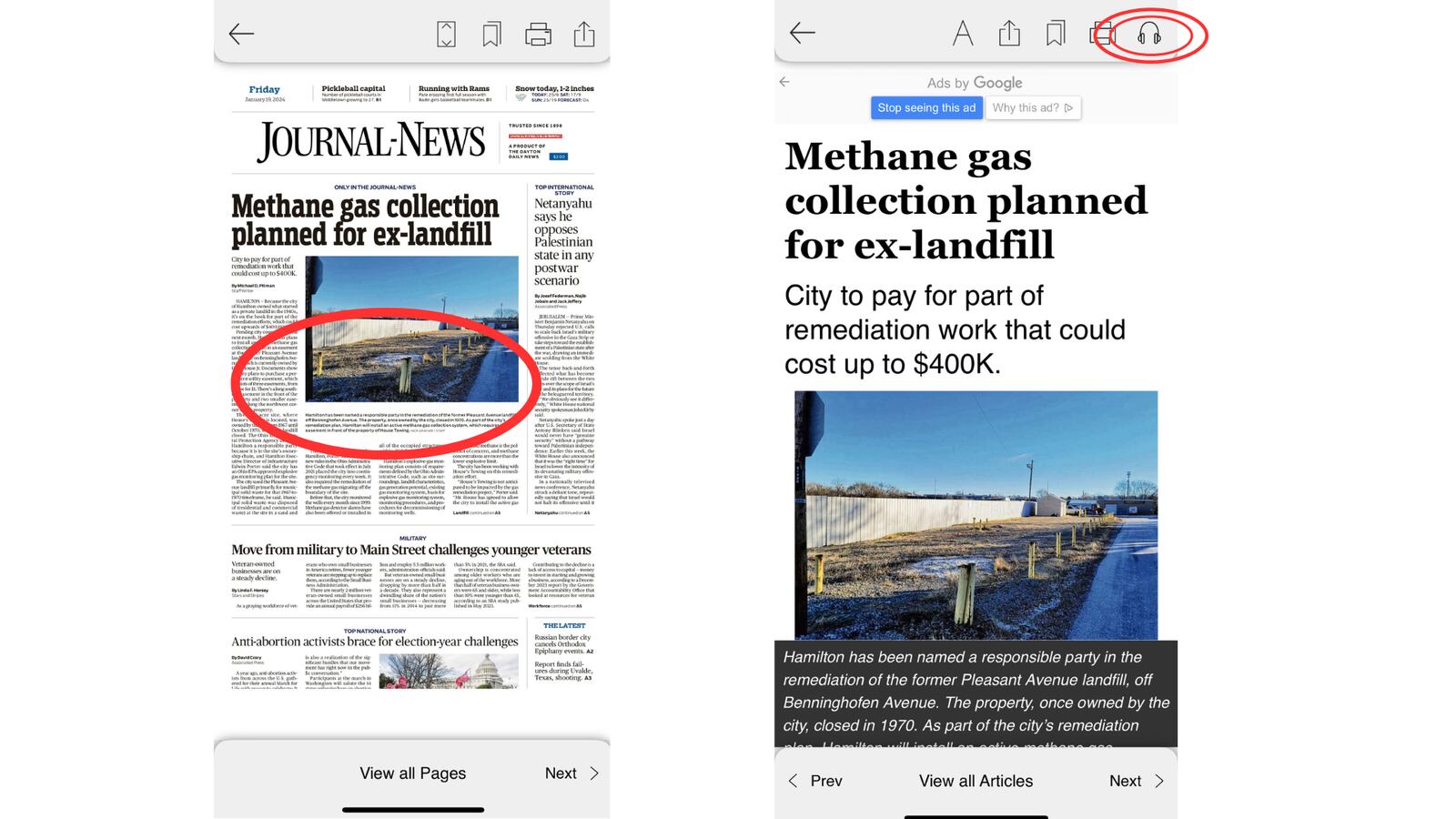 In the ePaper mobile app, click into a story to read in Article View and then select the headphones icon to have the text to speech feature activated.