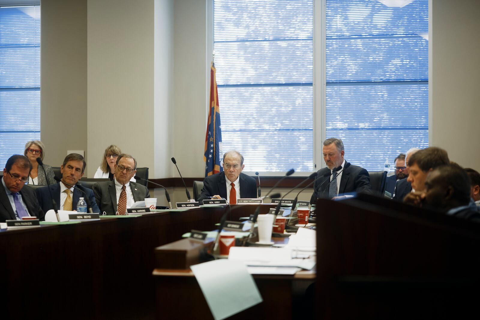 Mississippi Lt. Gov. Delbert Hosemann, center, and House Speaker Jason White, R-West, center right, listen during a meeting of the Mississippi Joint Legislative Budget Committee at the Woolfolk state office building Sept. 26, 2024, in Jackson, Miss. (AP Photo/Justin Hardiman)