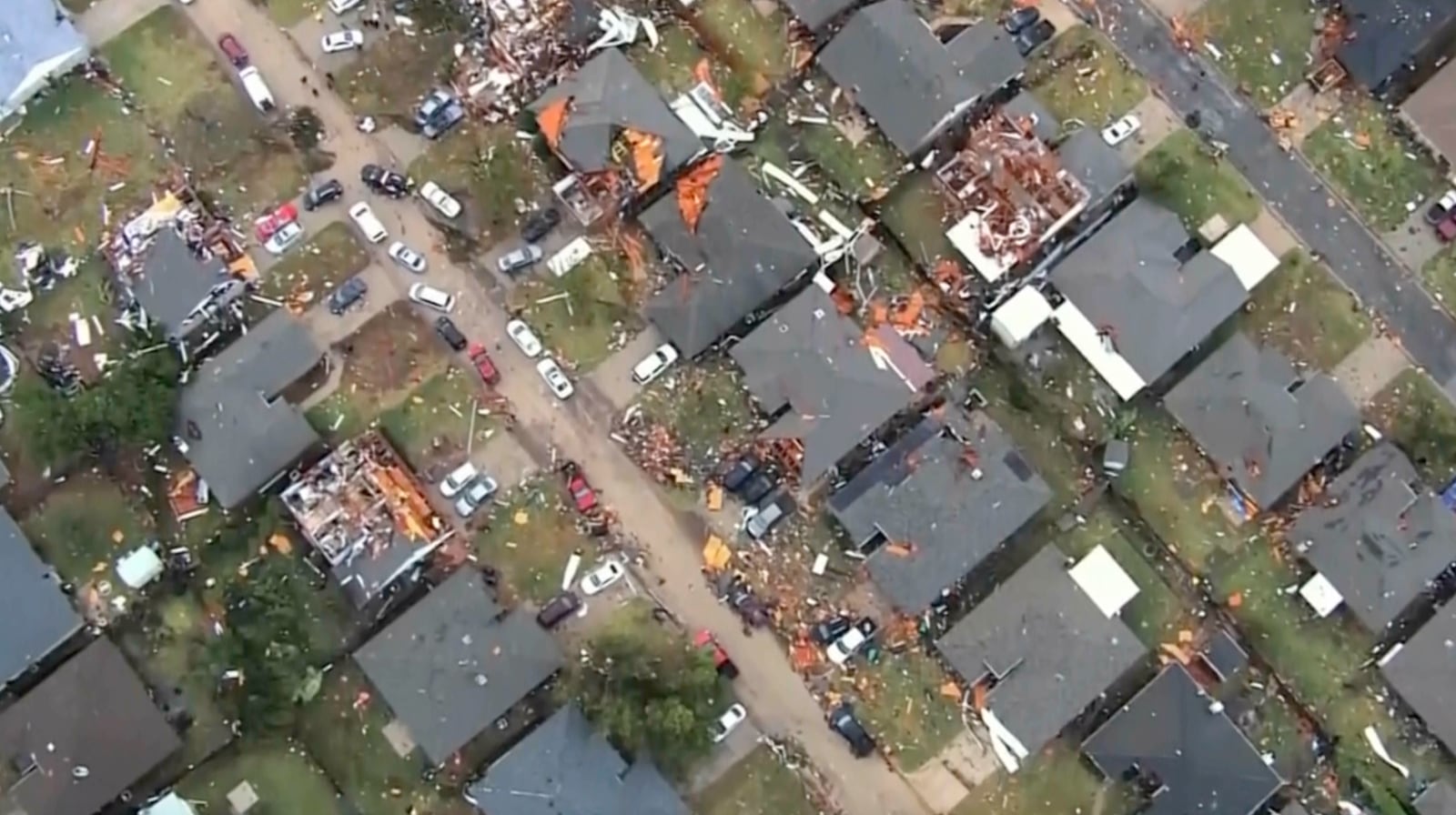 This image taken from video provided by KOCO shows damage caused by a tornado in a neighborhood near 89th and S. Sooner Road in North Moore, Okla., Sunday, Nov. 3, 2024. (KOCO via AP)