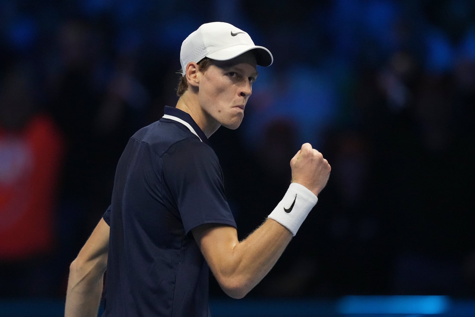 Italy's Jannik Sinner reacts during the final match of the ATP World Tour Finals against Taylor Fritz of the United States at the Inalpi Arena, in Turin, Italy, Sunday, Nov. 17, 2024. (AP Photo/Antonio Calanni)