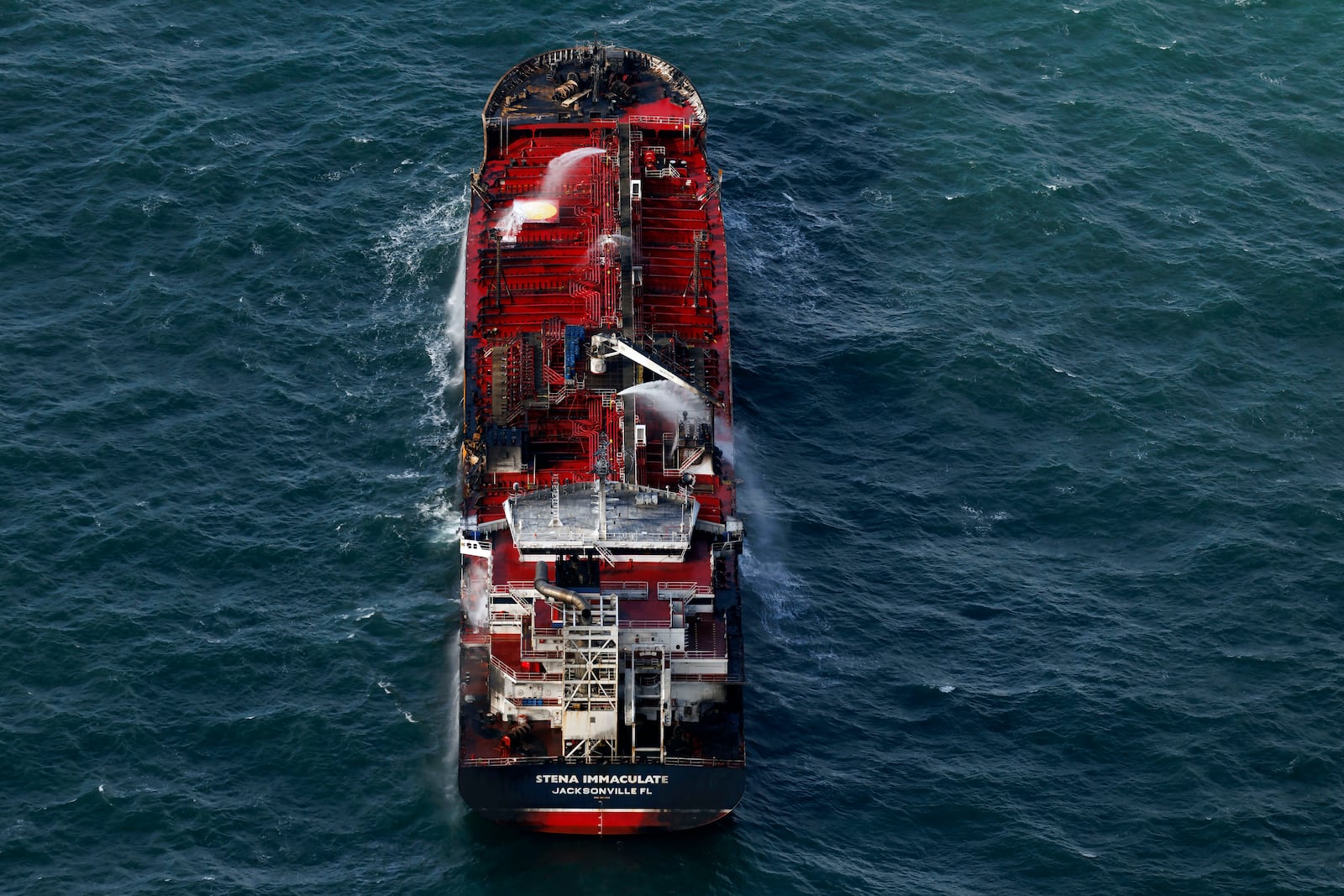 The damaged MV Stena Immaculate tanker at anchor off the Yorkshire coast in the North Sea, Tuesday, March 11, 2025 in England. (Dan Kitwood/Pool Photo via AP)