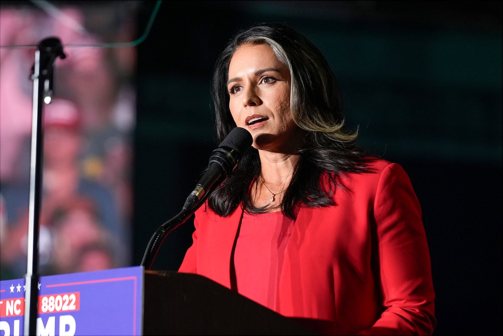 Former Democratic Rep. Tulsi Gabbard during a campaign rally with Republican presidential nominee former President Donald Trump at Greensboro Coliseum, Tuesday, Oct. 22, 2024, in Greensboro, N.C. (AP Photo/Alex Brandon)